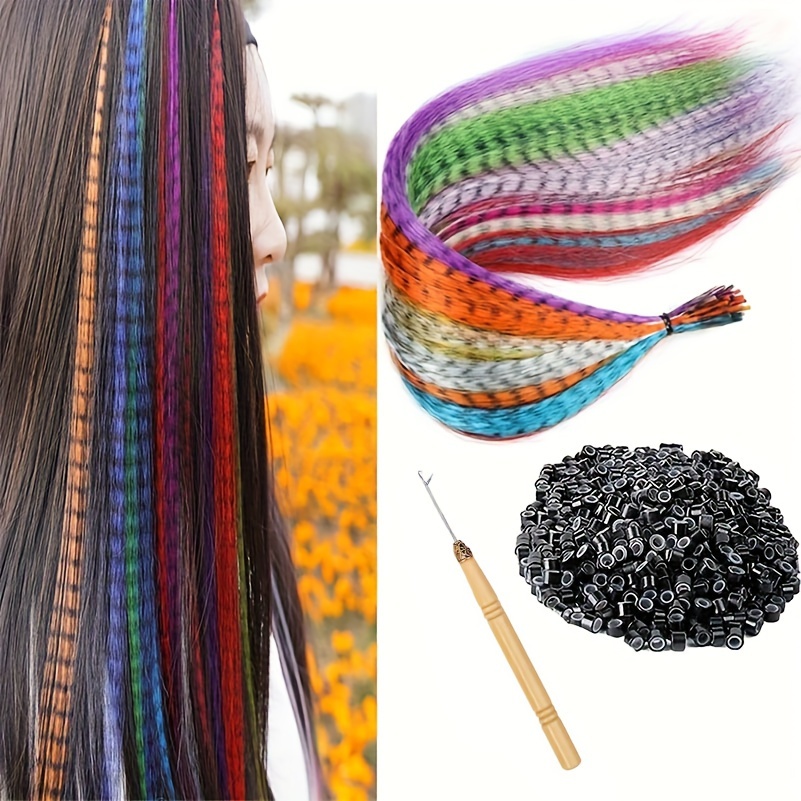 55pcs Multicolor Synthetic Hair Feathers For Hair Extensions DIY Micro  Beads Hairpiece Kit Women Feathers Hair