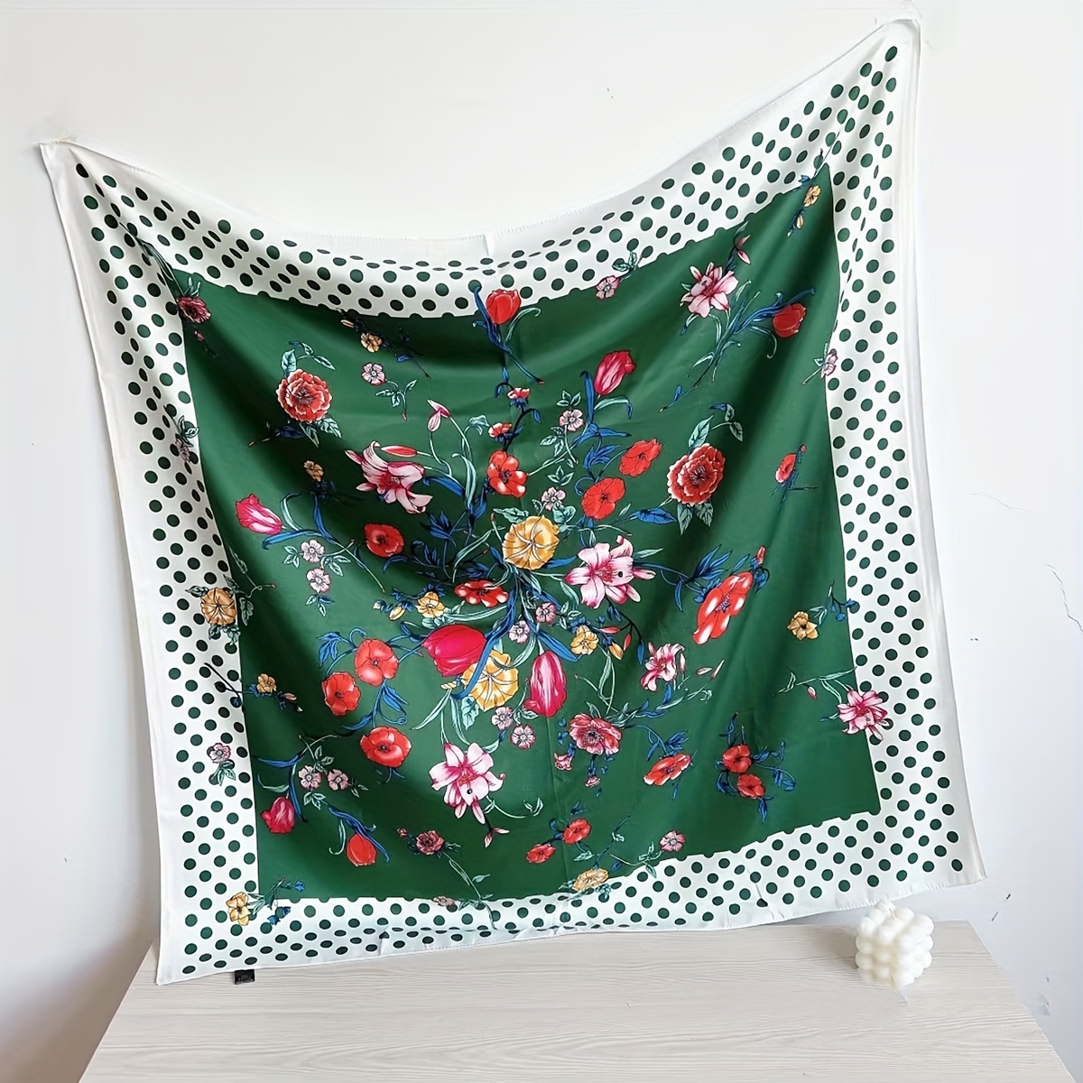 Polka Dot Flower Print Shawl Boho Twill Silk Square Scarf Vintage Neckerchief