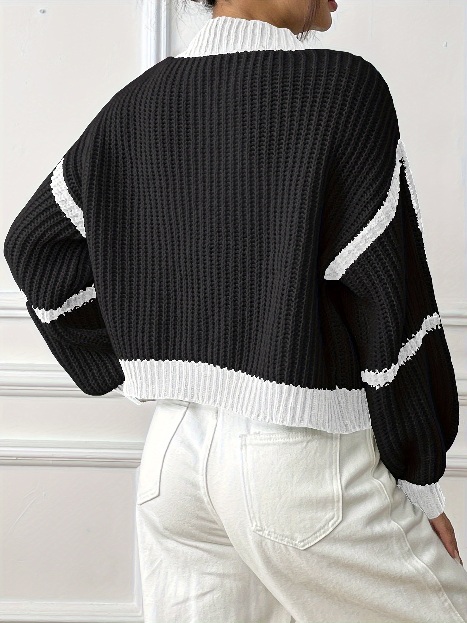 Cardigan Sweaters Outwear For Women Knit Contrast Stitch Crop