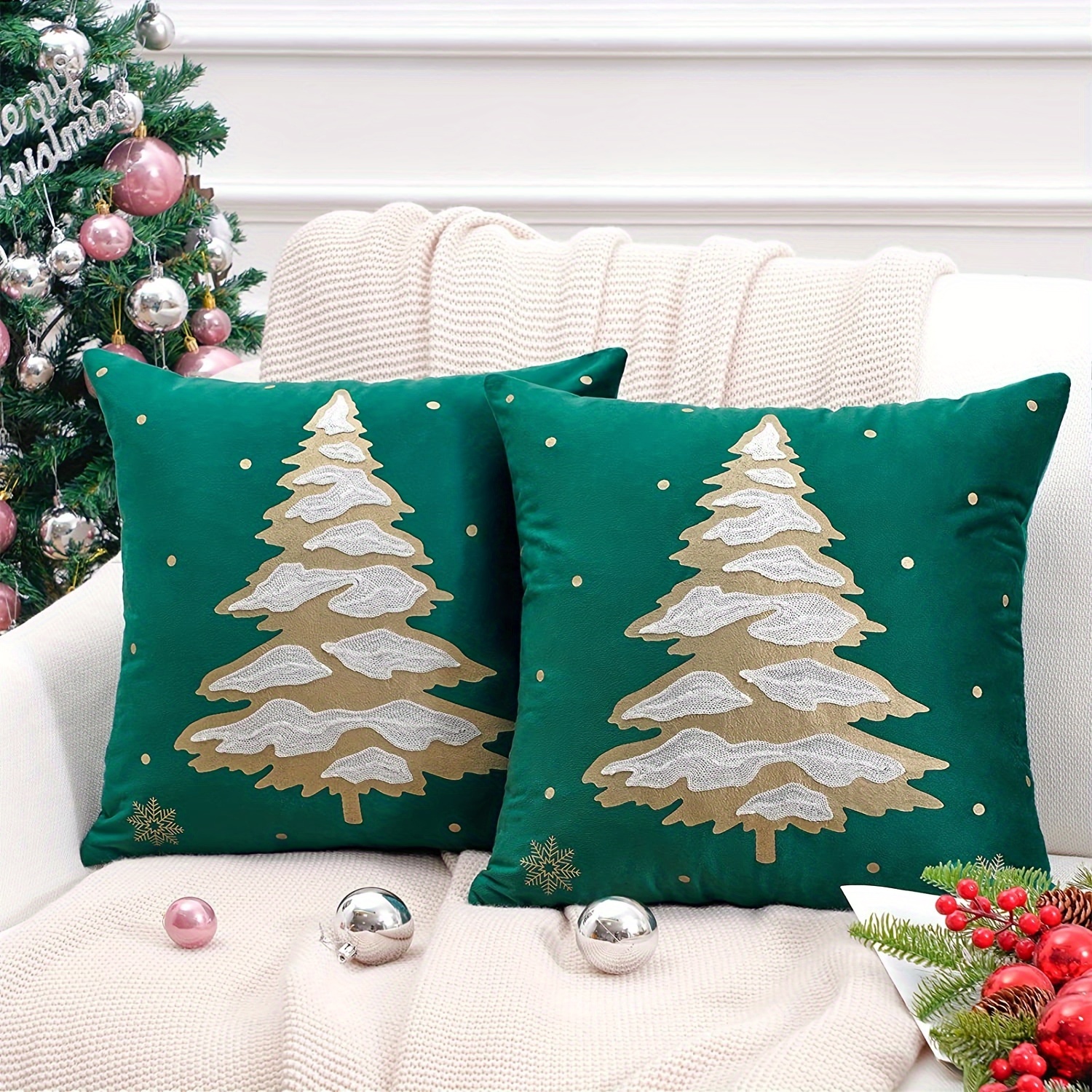 4pcs/set Christmas Pillow Covers 17.7inch*17.7inch, Christmas Deer Forest  Snowflake Bear Blue Christmas Pillow Covers For Sofa Bed Car Decor Winter  Holiday Farmhouse Decoration, Outdoor/indoor Use, Pillow Inserts Not  Included
