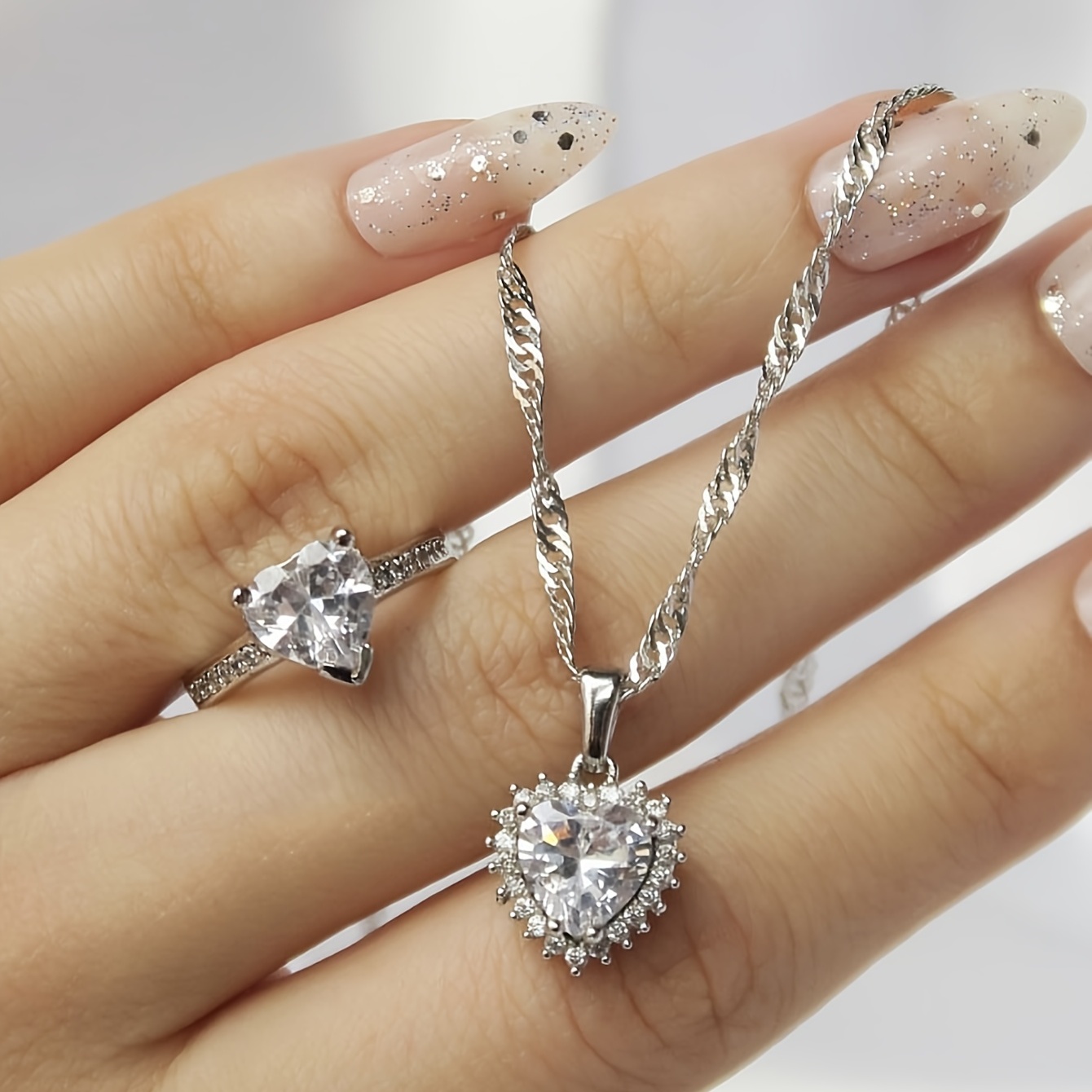 Luxury Zircon Engagement Ring & Necklace Jewelry Set For Wedding