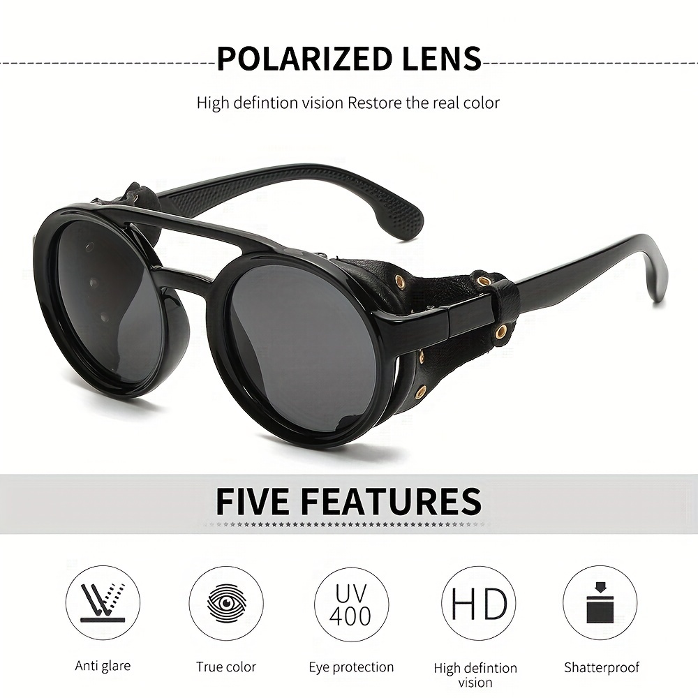 Vintage Steam Punk Style Round Polarized Sunglasses with Leather Side Shield