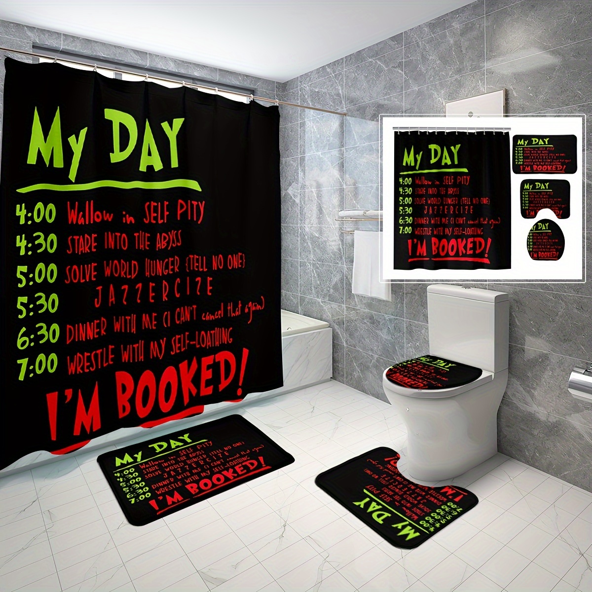 

4pcs Letter Print Shower Curtain Set, Bathroom Rug, Mat, Toilet Lid Pad, Water-resistant Curtain Including 12 Hooks, Decorative Bathroom Set, Bathroom Accessories