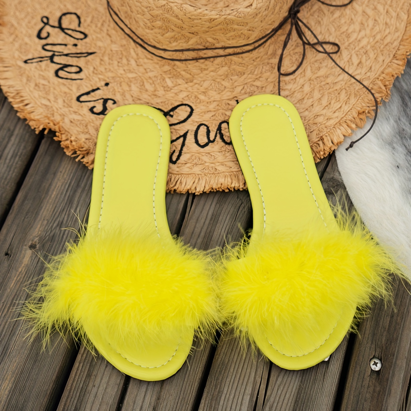 Women's Solid Color Slide Sandals, Casual Faux Fur Decor Flat