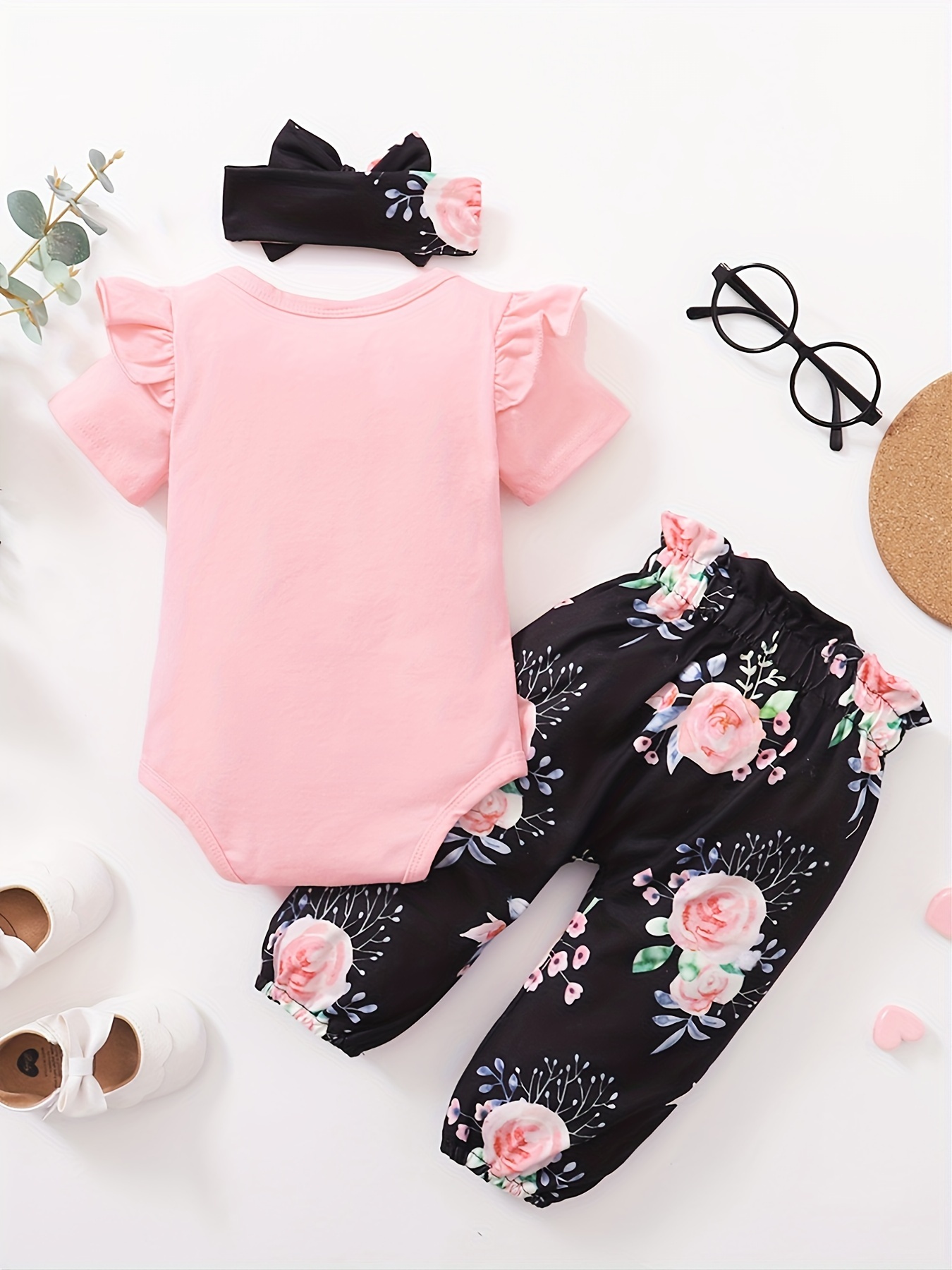Barboteuse à manches courtes en coton pour petites filles + Pantalon  assorti imprimé floral + Bandeau vêtements de bébé été - Temu Belgium