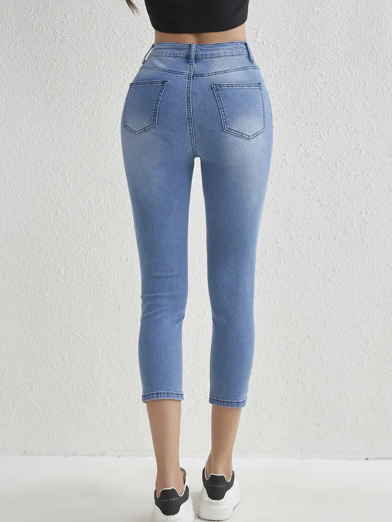 Blue Ripped Holes Cropped Skinny Jeans, Slim Fit Slash Pockets High-Stretch  Capris Denim Pants, Women's Denim Jeans & Clothing