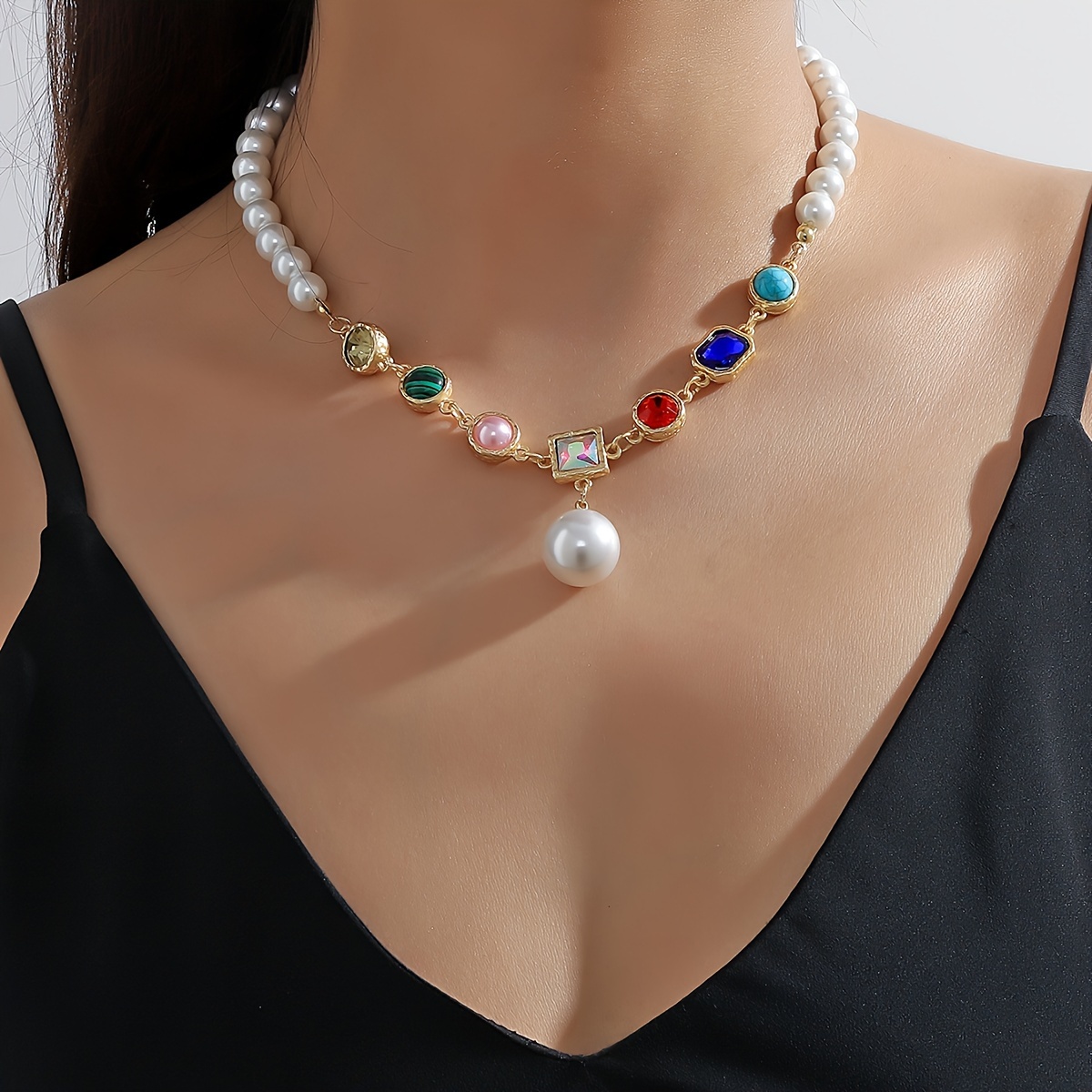 Bohemian Style Colorful Imitation Pearls Crystal Mixed Multilayer Necklace Ladies Exquisite Handmade Necklace Gift (Color Beads Random Arranged
