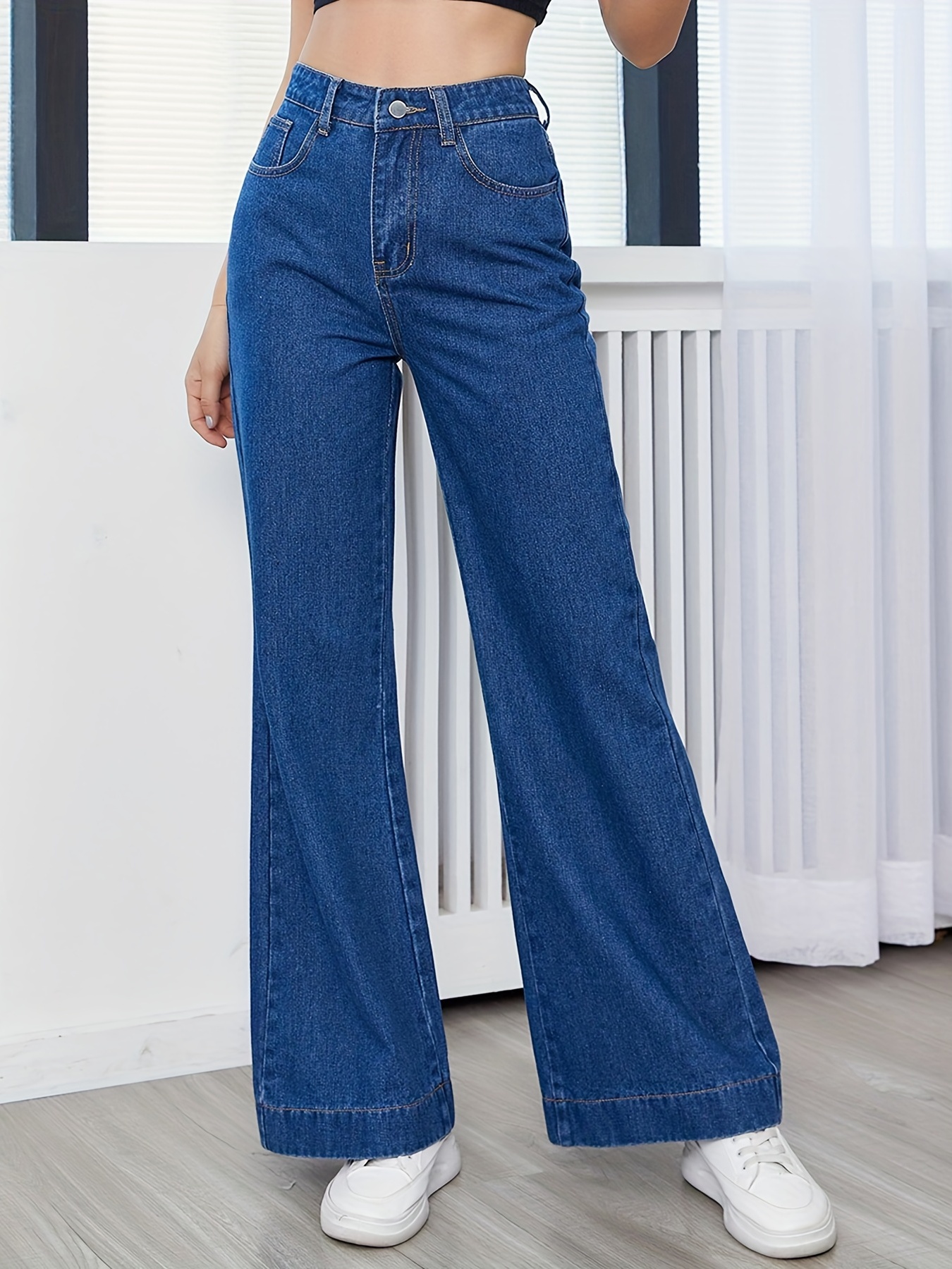 Loose Fit Straight Jeans, Slash Pockets Wide Leg Baggy Casual Stretchy Denim  Pants, Women's Denim Jeans & Clothing - Temu