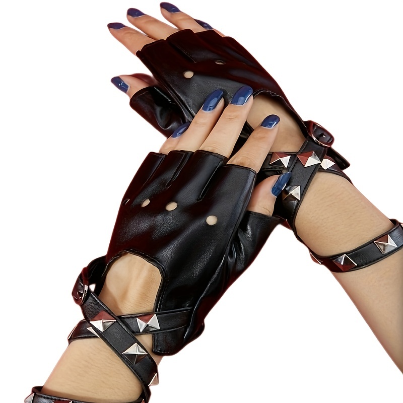 Women's PU Leather Long Gloves with Rivets / Goth Punk Fingerless Glov