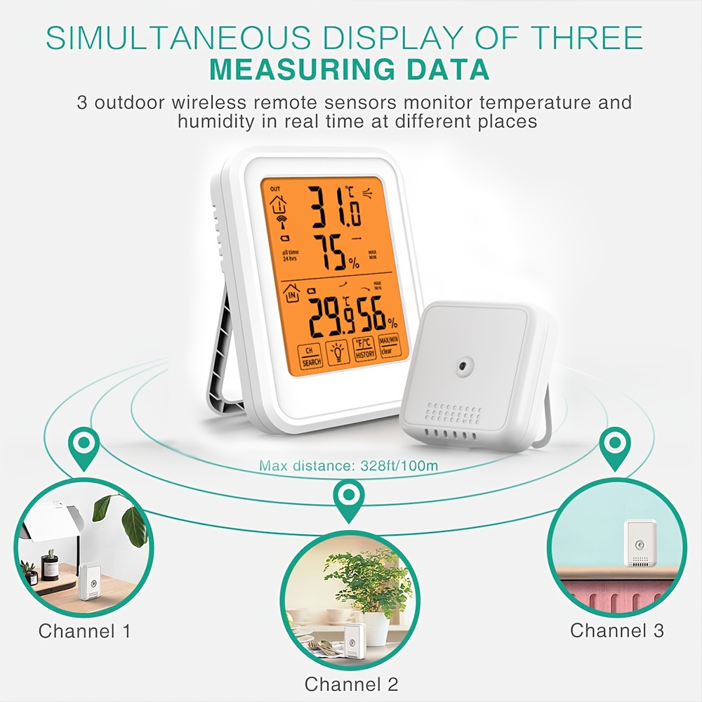 1PC Indoor Outdoor Thermometer, Digital Hygrometer Thermometer, 328ft/100m  Range Max Min Records Temperature and Humidity Gauge,Wireless Temperature  and Humidity Gauge Monitor with 1 Sensors, for Home, Office, Bedroom.