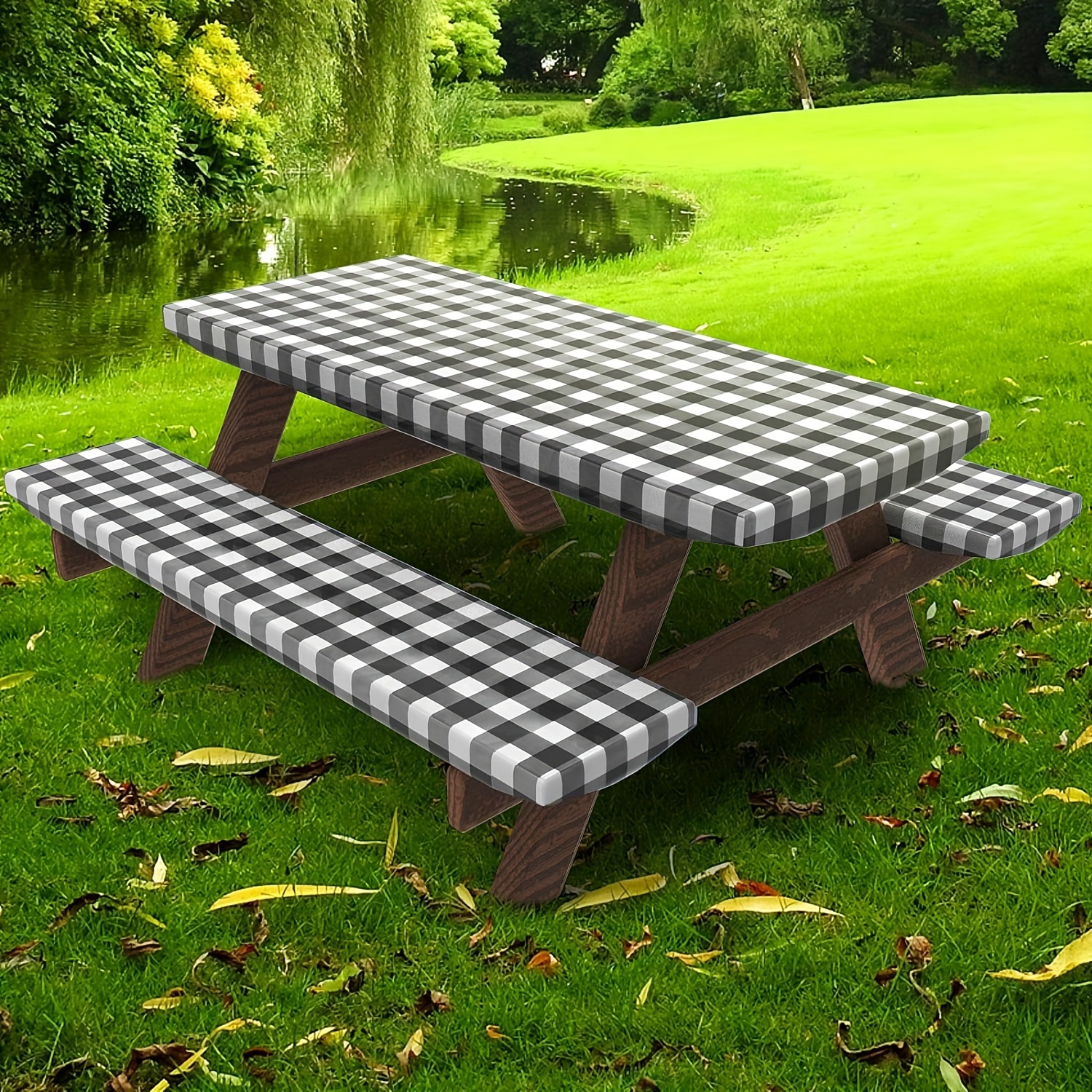 

3pcs/set Picnic Table And Bench Cover, Fitted Sheet With Bench Cover, Vinyl, Elastic, Plaid, Oil-proof And Waterproof, Suitable For Camping, Dining, Outdoor, Park, Patio