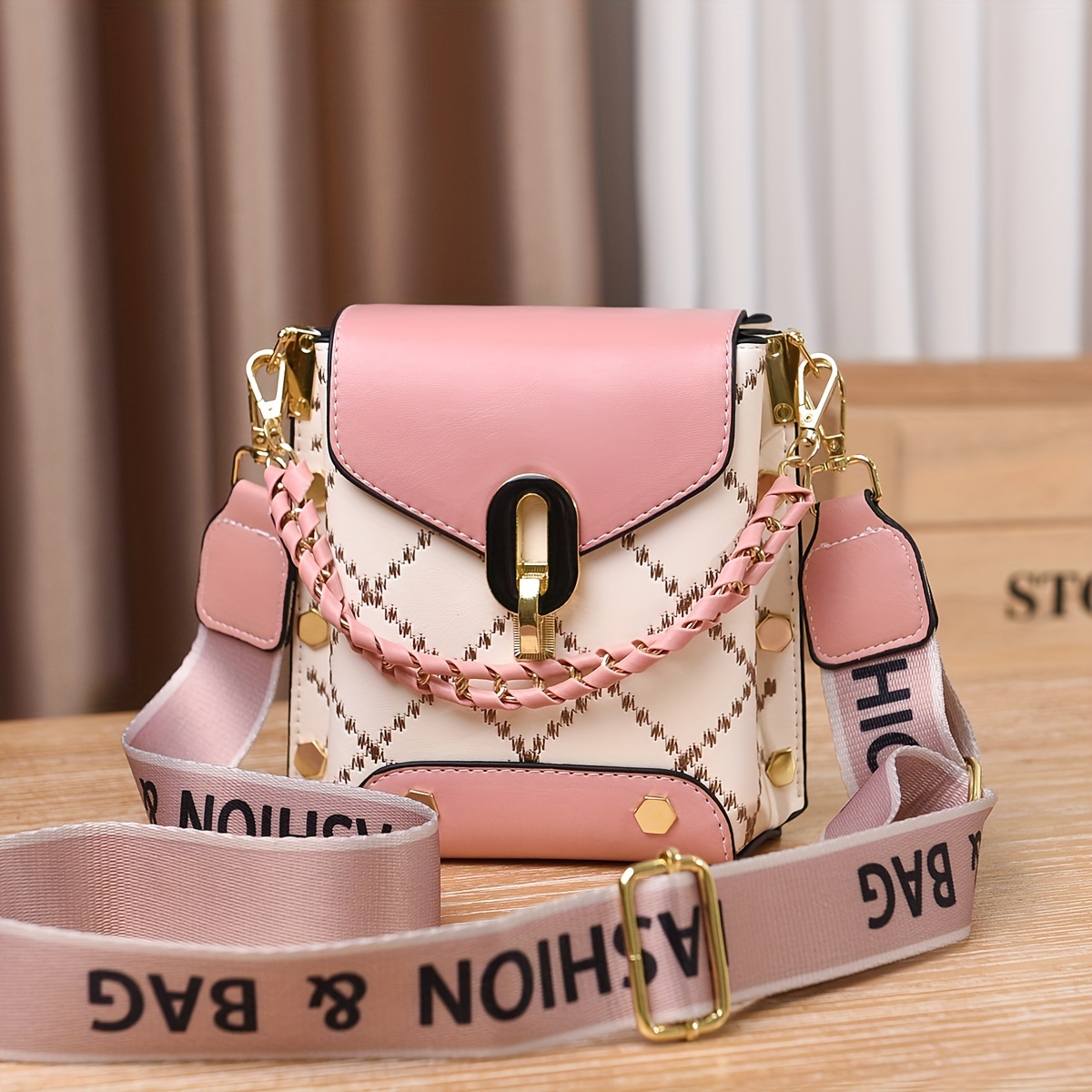 Embroidery Detail Flap Square Bag, Stylish Chain Decor Crossbody Purse With  Bag Charm - Temu