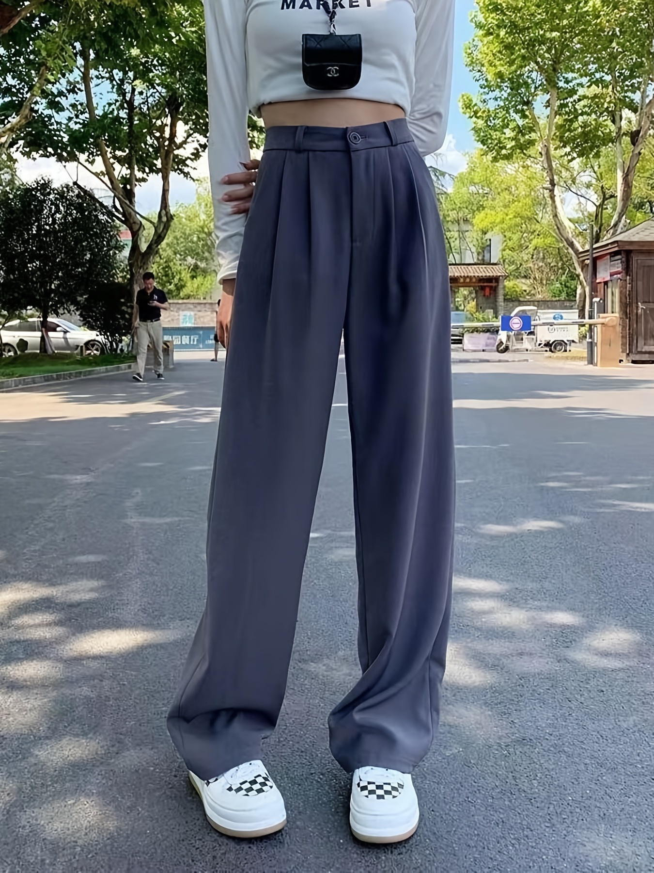 CITY GIRL Smooth texture high waist trousers drape loose and relaxed casual  wear for women #943