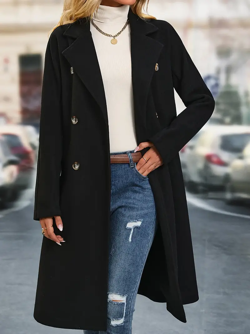 Solid Double Breasted Belted Overcoat, Versatile Long Sleeve Midi Length  Thermal Winter Coat, Women's Clothing