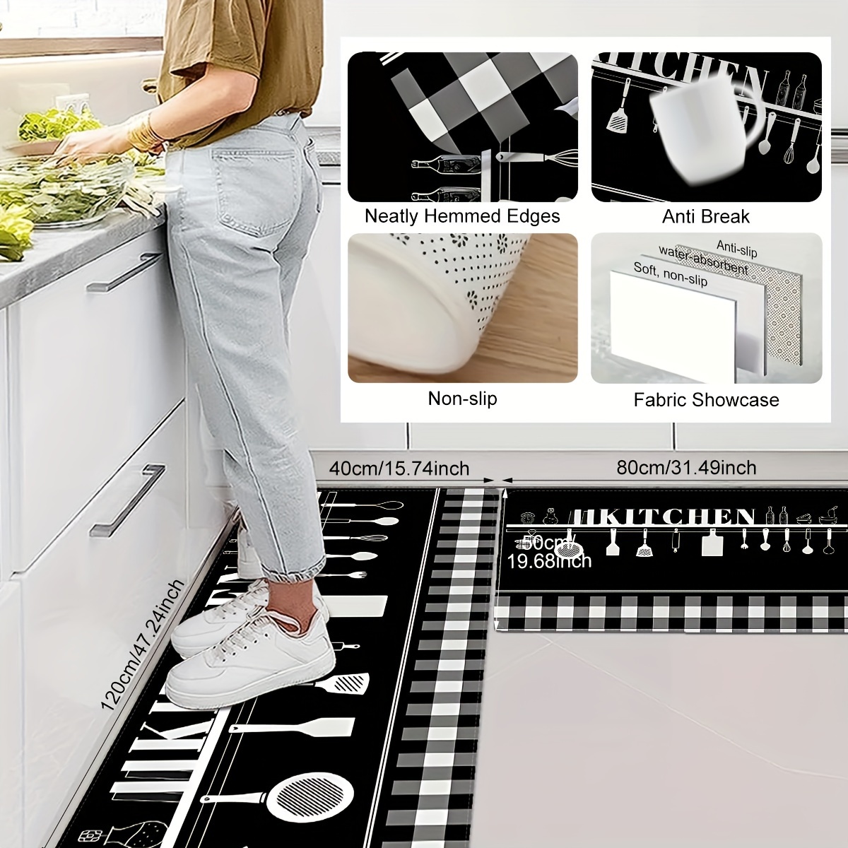 1pc Letter Graphic Kitchen Rug, Black-and-white Polyester Modern Anti-slip Kitchen  Mat, For Home Kitchen Decor