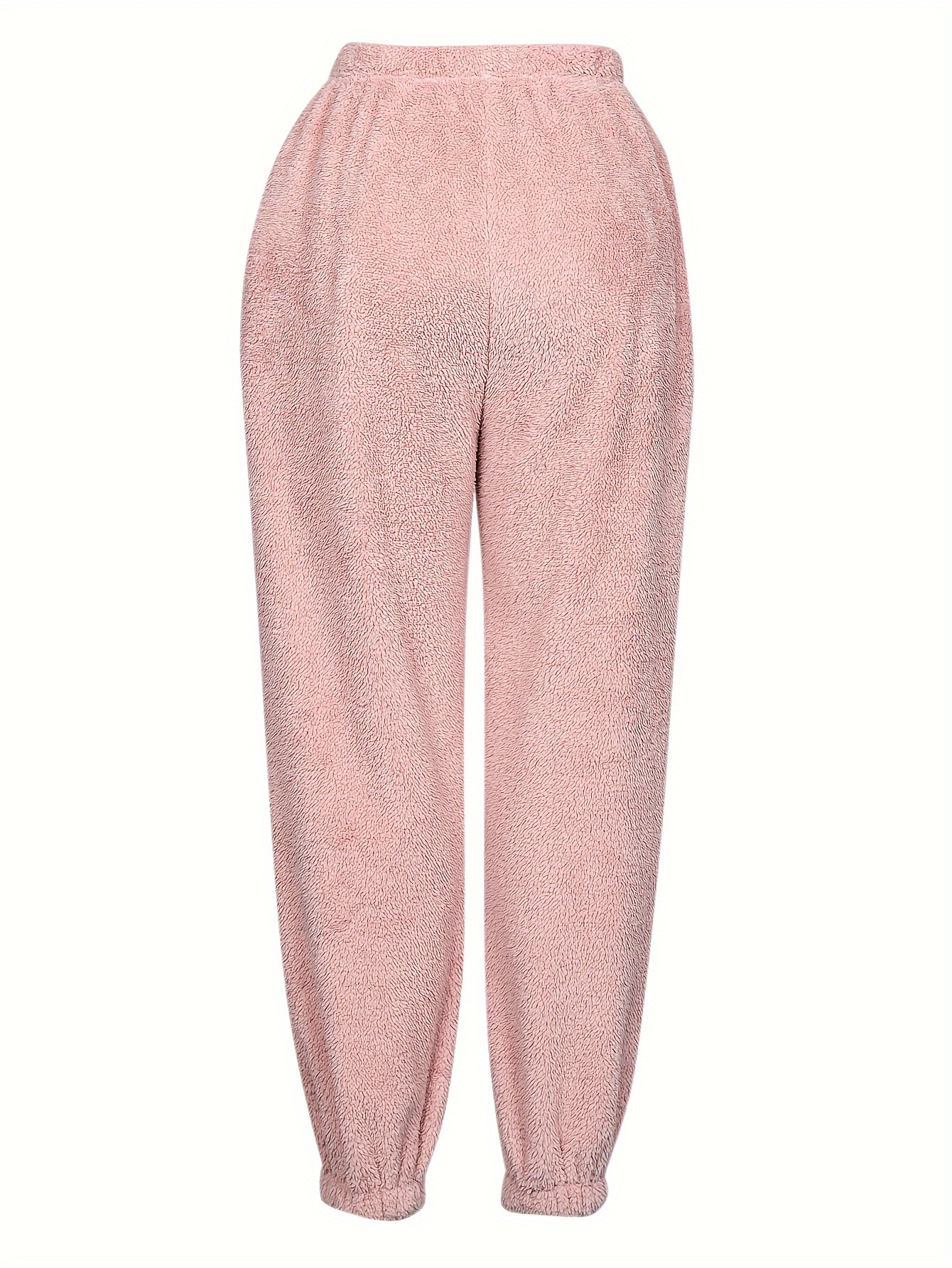 Solid Fuzzy Lounge Pants Warm Soft Elastic Waistband Pants - Temu