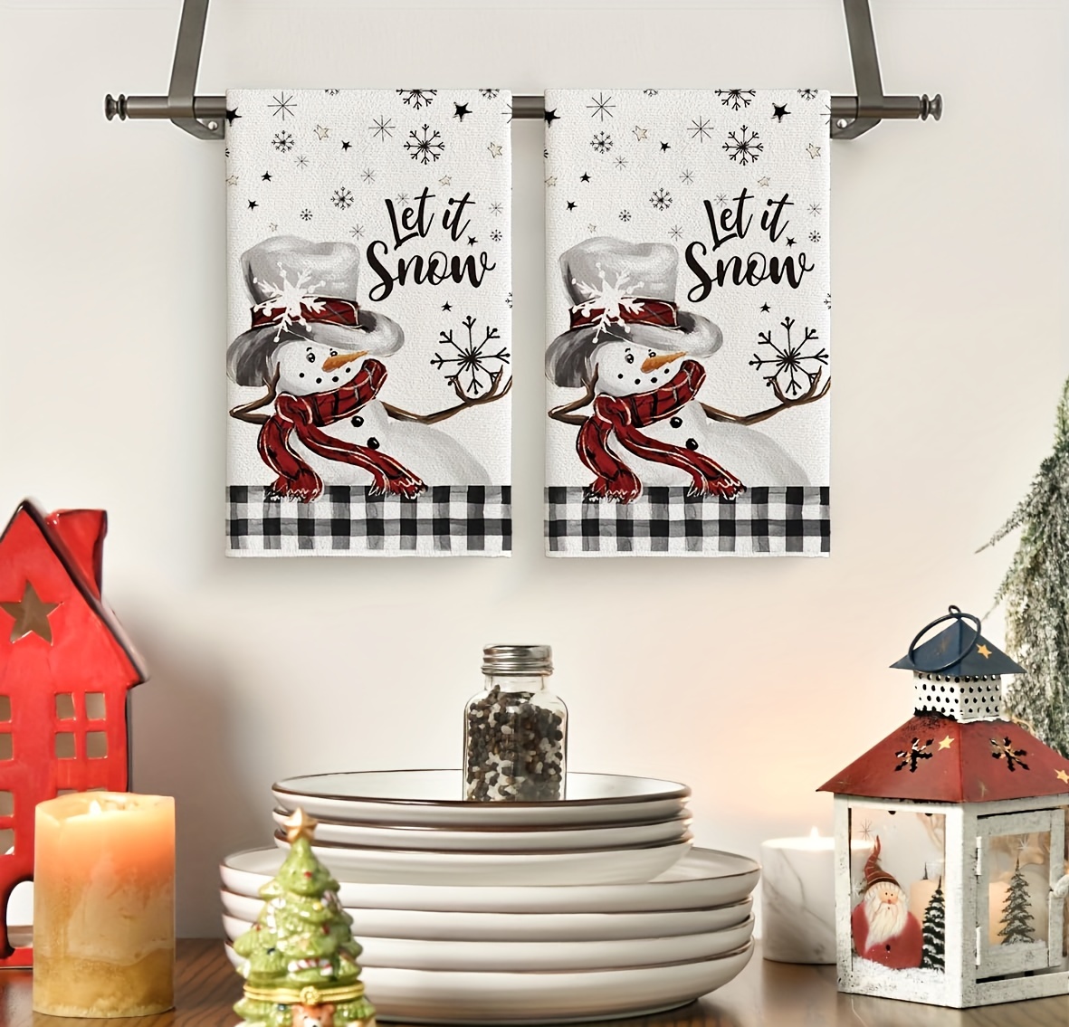 peony man Set of 4 Christmas Kitchen Towel Black and White Buffalo Plaid  Dish Towels Christmas Tree Truck Hand Towels Decorative Happy Holiday Tea
