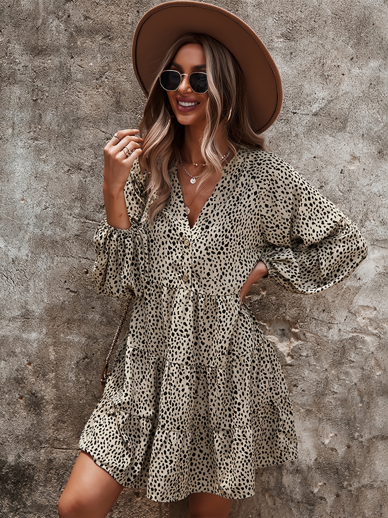 Leopard Floral Flowy Swing Dress, Long Sleeve V Neck Fashion Spring Summer  Dresses, Women's Clothing