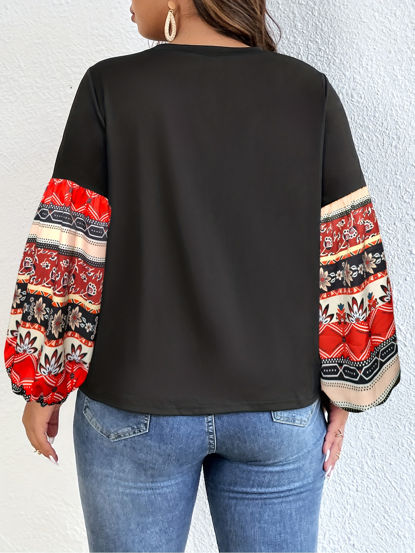 Ležerna majica velike veličine, ženska majica s cvjetnim printom u boji, s lanternastim rukavima i okruglim izrezom, srednje rastezljiva majica