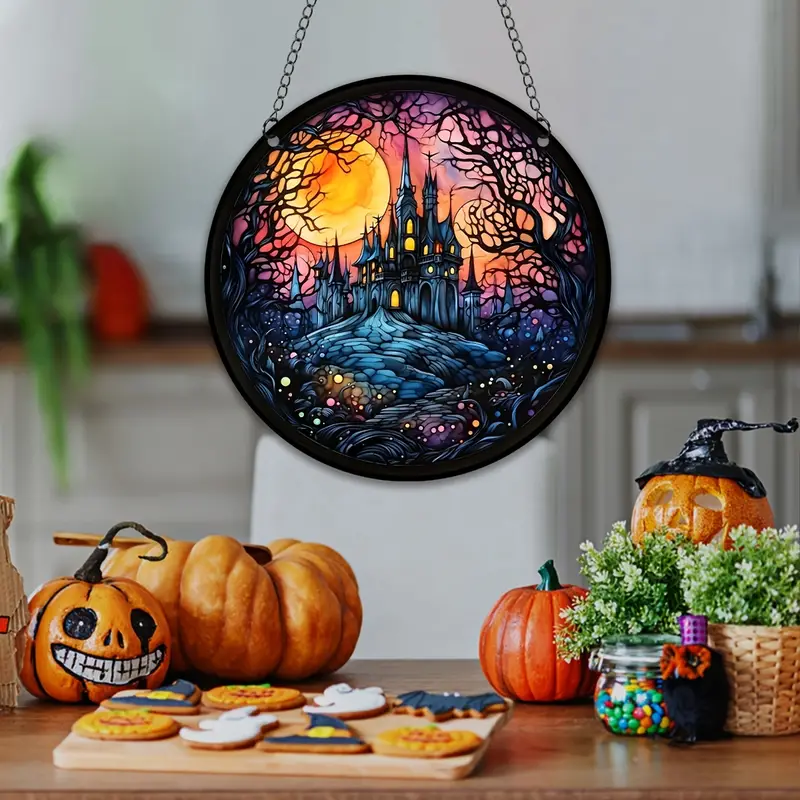 1pc halloween moon castles stained suncatcher halloween window hanging fall decor home decor party gifts for halloween wreath sign details 2