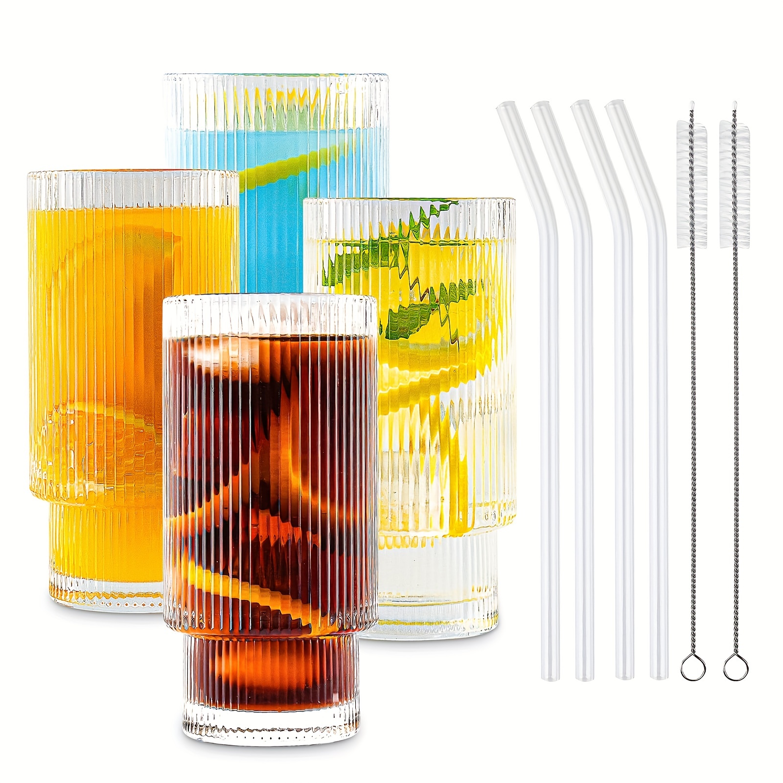 Ribbed Glass Cups With Lids And Straws, Drinking Glasses, Origami