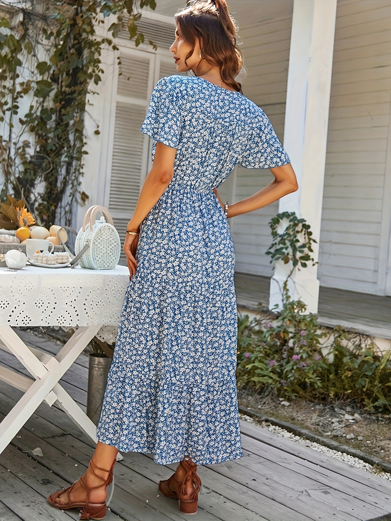 Awemeal Zomerjurk voor dames, elegante V-hals, maxi-jurk, print, boho, zomer, lange jurk, vleugelmouwen, ruches, strandjurk, donkerblauw, S