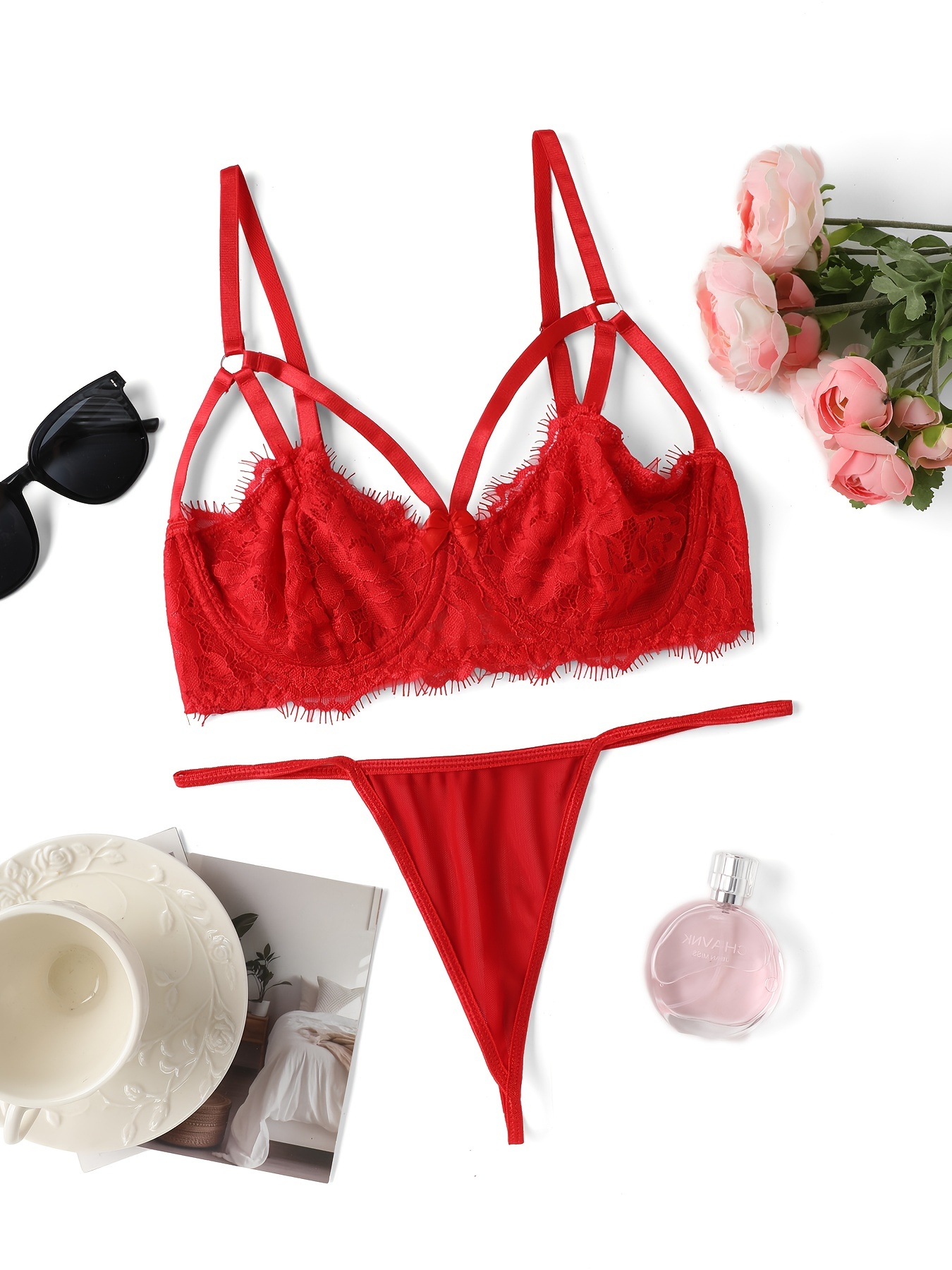 Womens Solid Color Sexy Lace Hollow Out Carved Strap Underwear Set Strappy  Lace Lingerie Sexy Lingerie for Women, Red, Small : : Clothing,  Shoes & Accessories