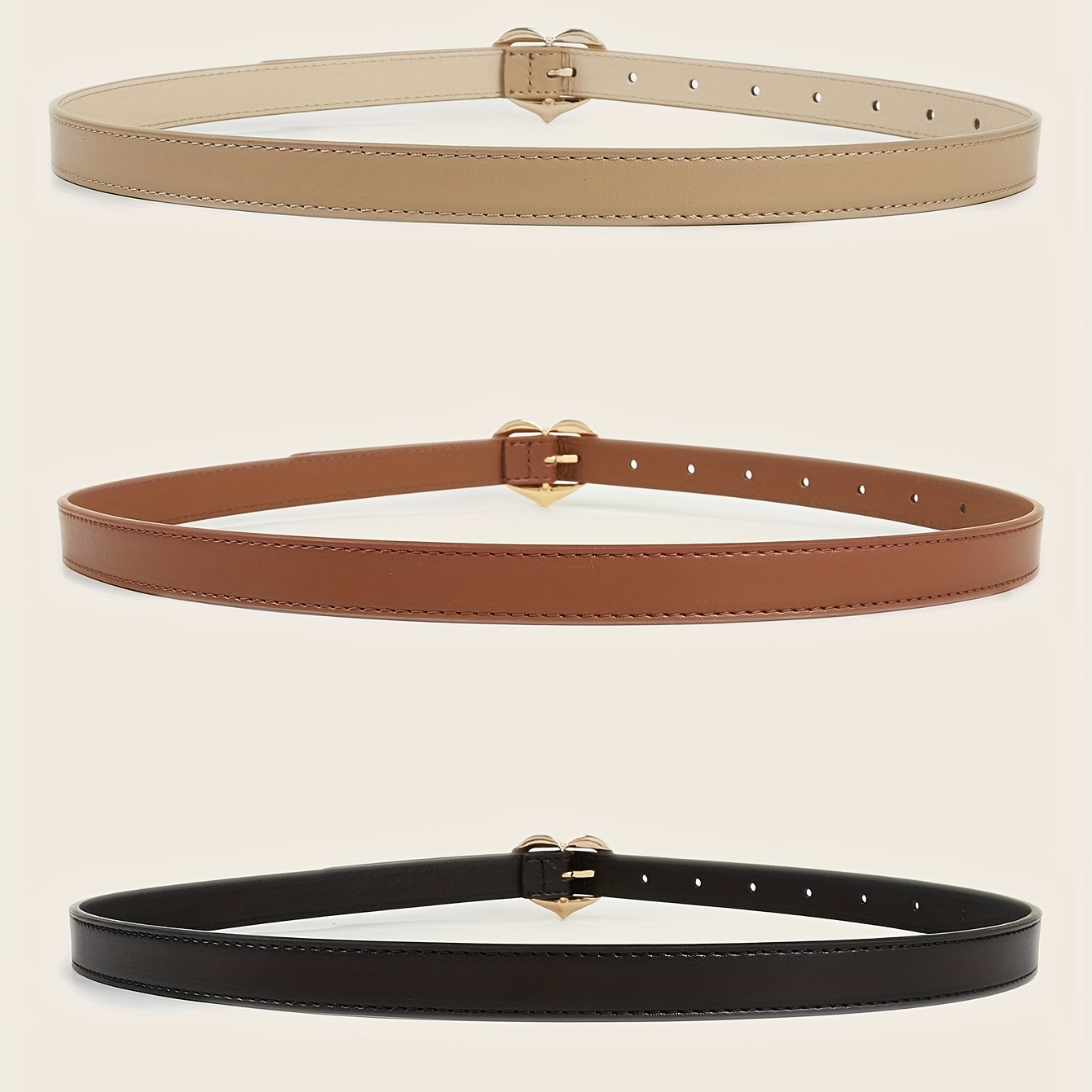 3pcs Golden Heart Buckle Belt PU Leather Waist Belt