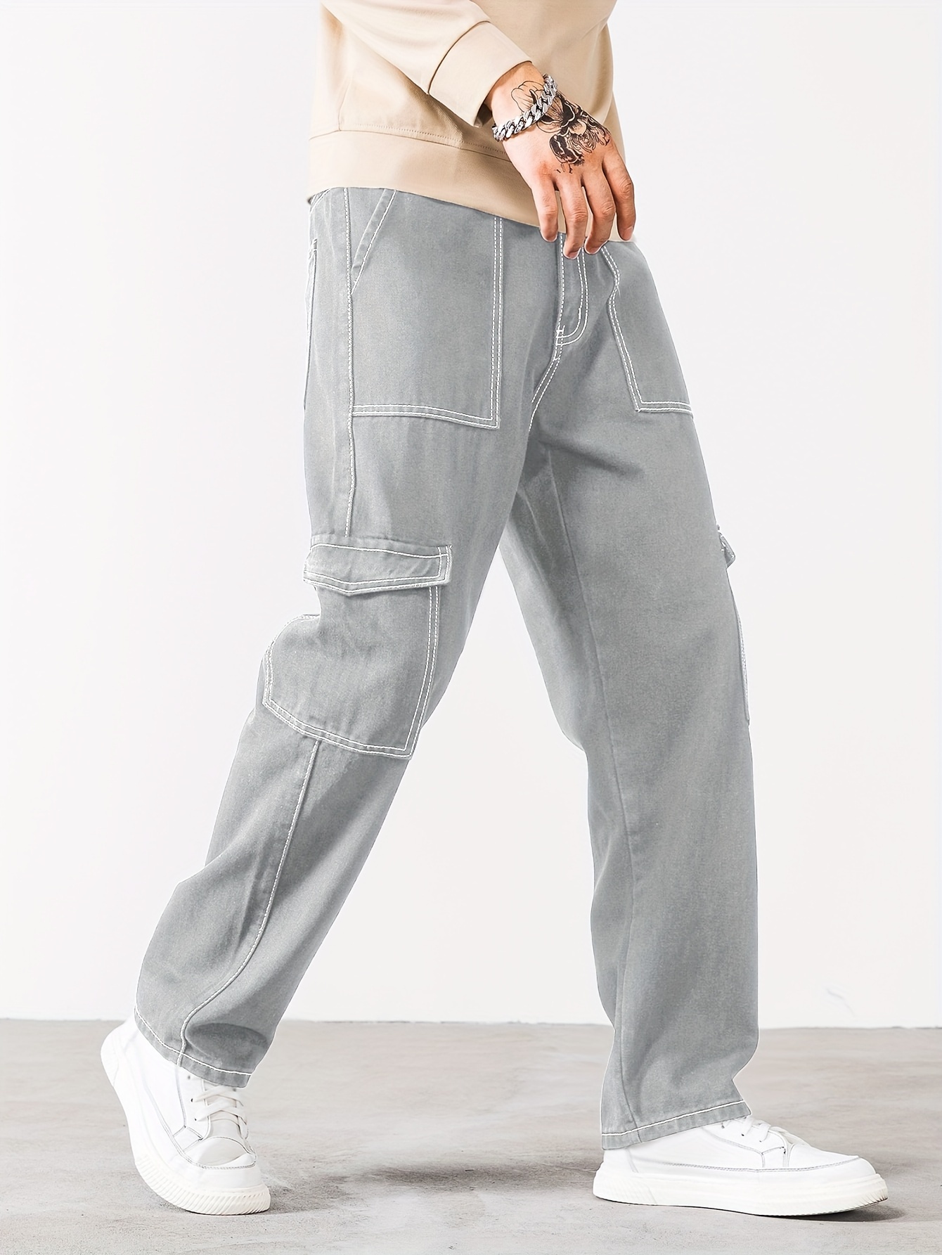 Loose Fit Big Flap Pockets Jeans Men's Casual Denim Pants - Temu