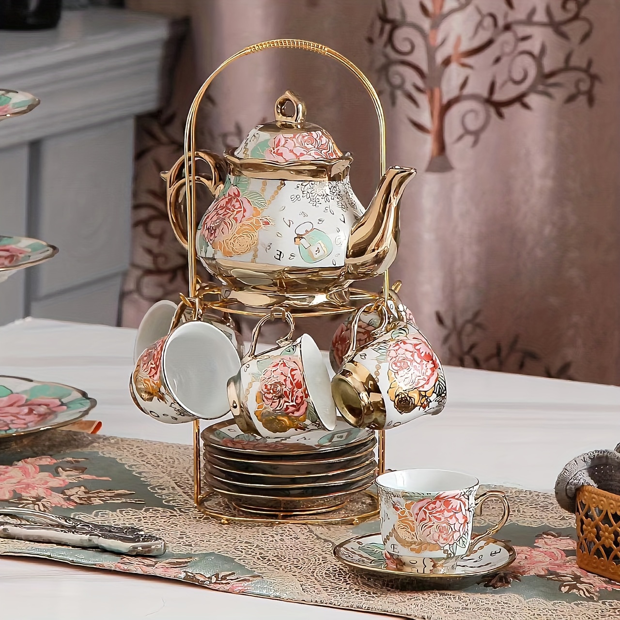 Conjunto De Chá e Café Estilo Britânico Porcelana Chinesa Bule Xícara  Colher Com Bandeja 10 Peças
