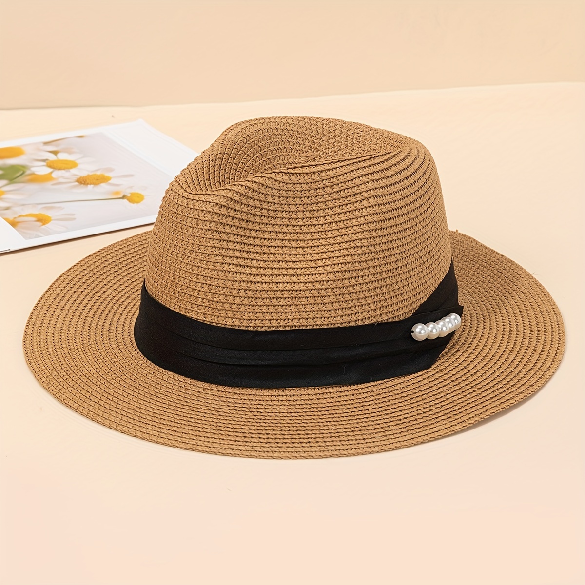 Summer Flat Brim Straw Hat Pearl Top Hat Sunshade Sunscreen Jazz