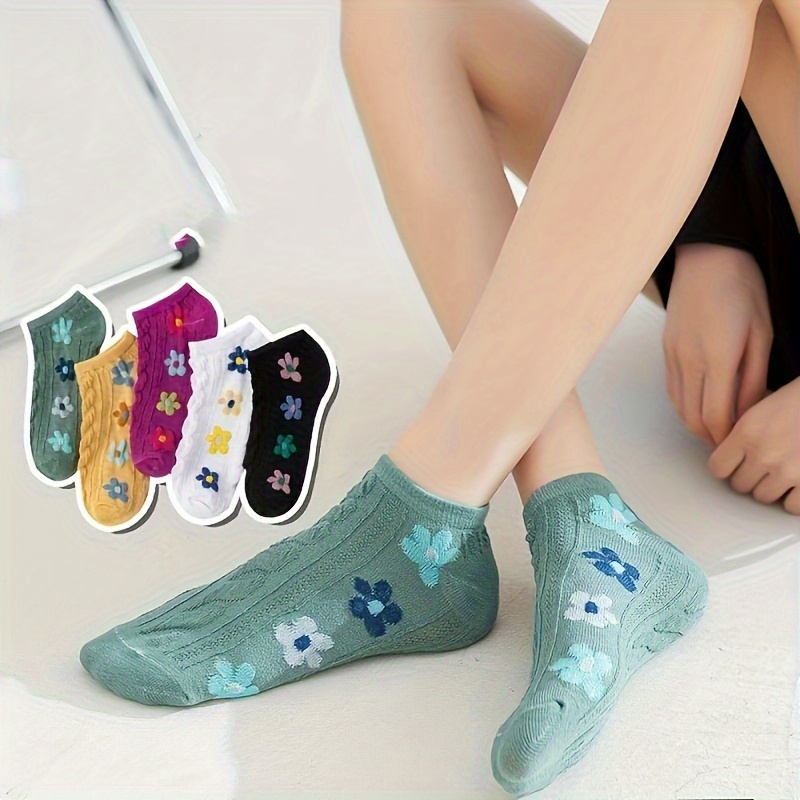 

5 Pairs Floral Print Short Socks, Comfy & Cute Textured Low Cut Ankle Socks, Women's Stockings & Hosiery