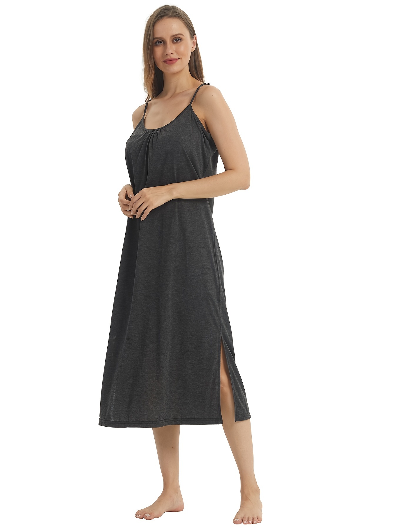Women's Solid Thin Straps High Fork Pajamas Dress