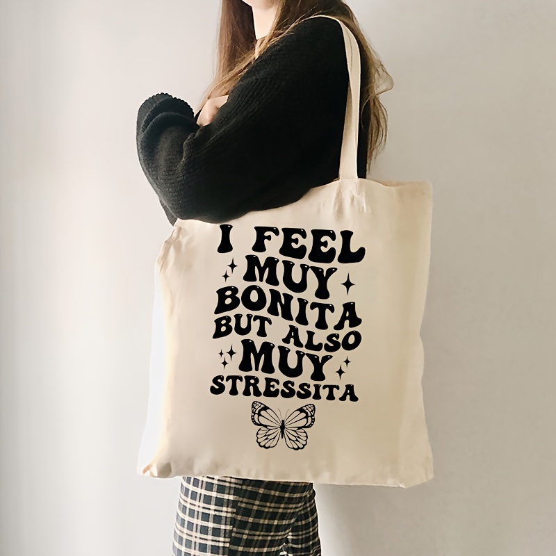 

Butterfly And Letter Print Tote Bag, Simple Canvas Shoulder Bag, Portable Grocery Shopping Bag