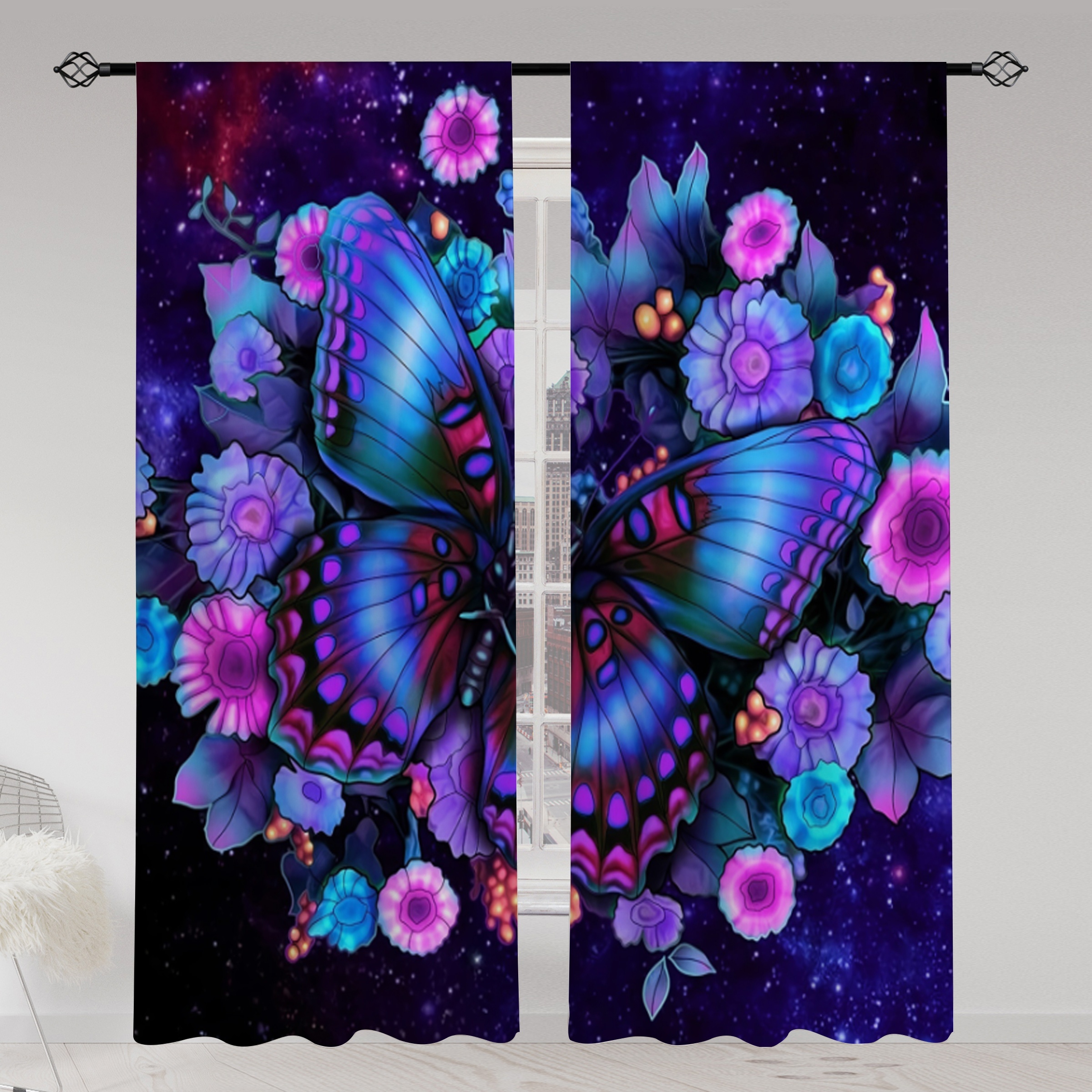 

2pcs/set, Purple Starry Butterfly Flower Print Semi-transparent Curtains, Living Room Game Room Bedroom Multi-scene Polyester Rod Pocket Decoration Curtains Home Decoration Party Supplies