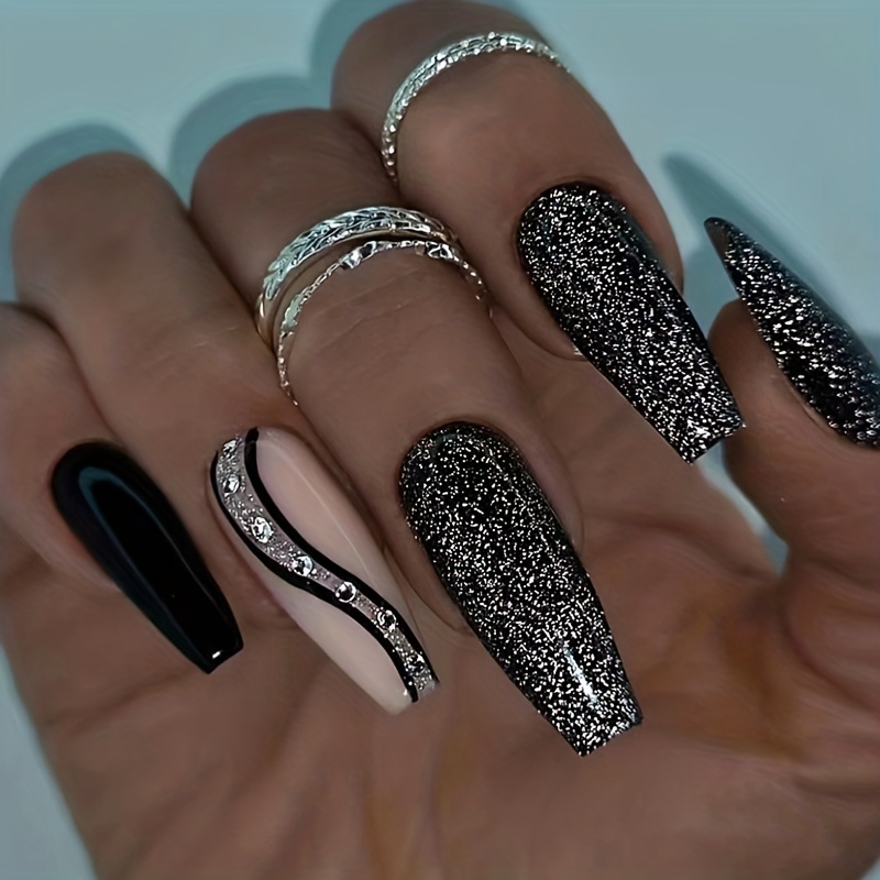 24pcs Swirl Black Glitter Press On Nails with Rhinestone Design - Glossy  Glossy Full Cover Long Coffin Ballet False Nails for Women and Girls