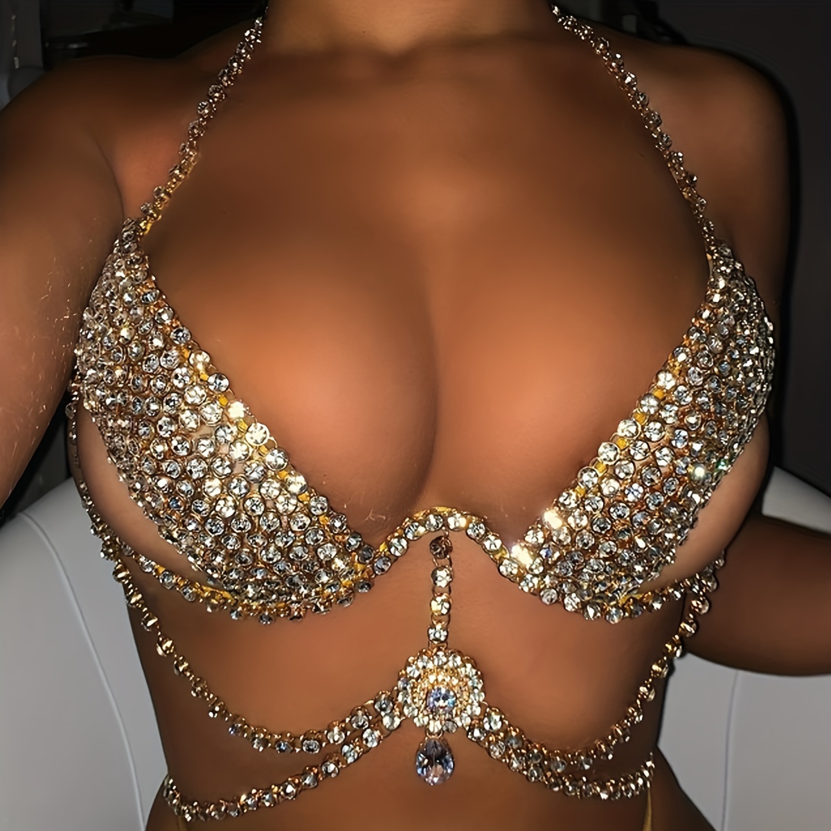 Fashion luxury shiny crystal bra body chain sexy female tassel