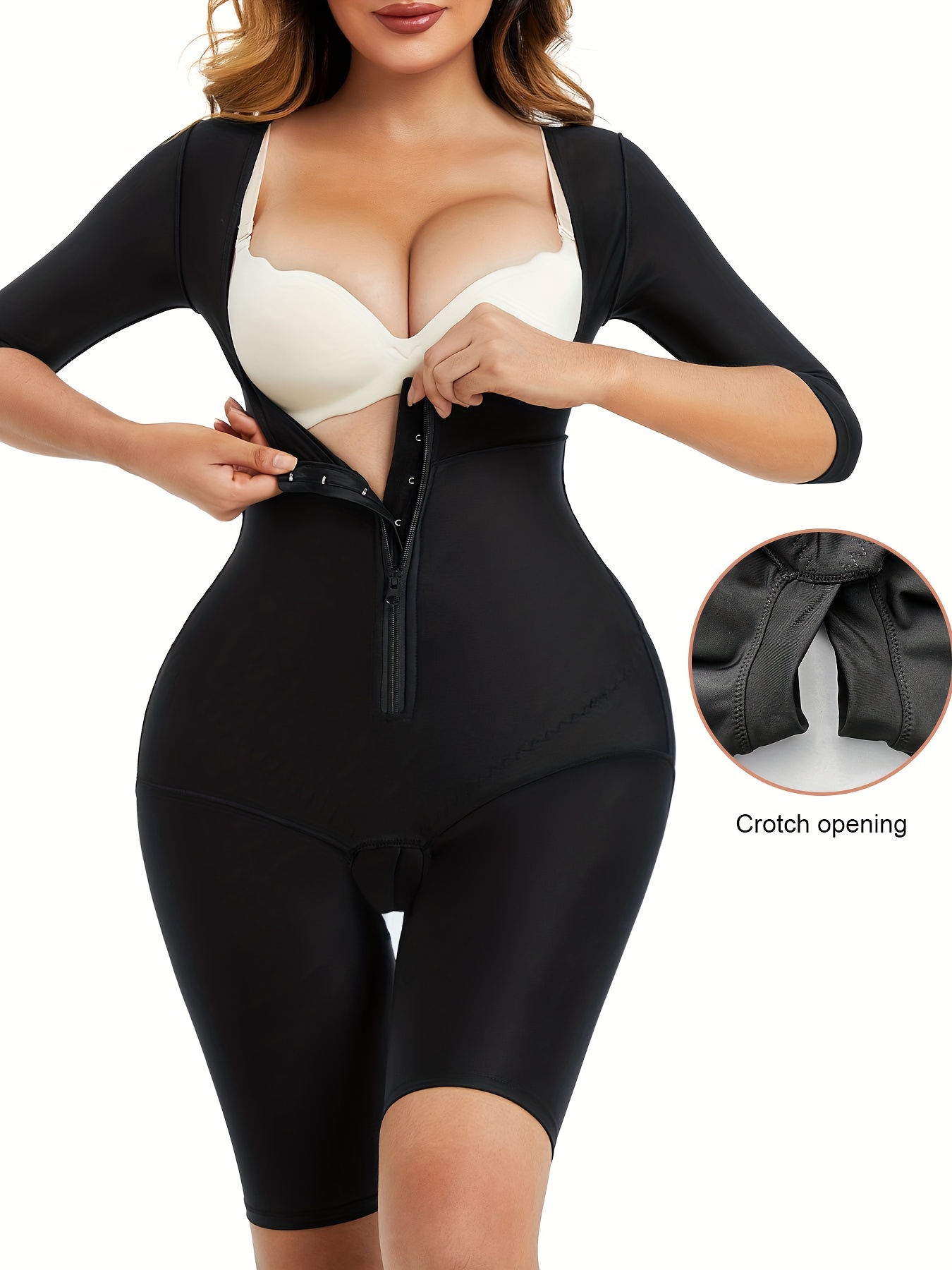 Black Zipper Shaping Romper, Tummy Control Butt Lifting Open Crotch  Compression Body Shaper, Women's Underwear & Shapewear