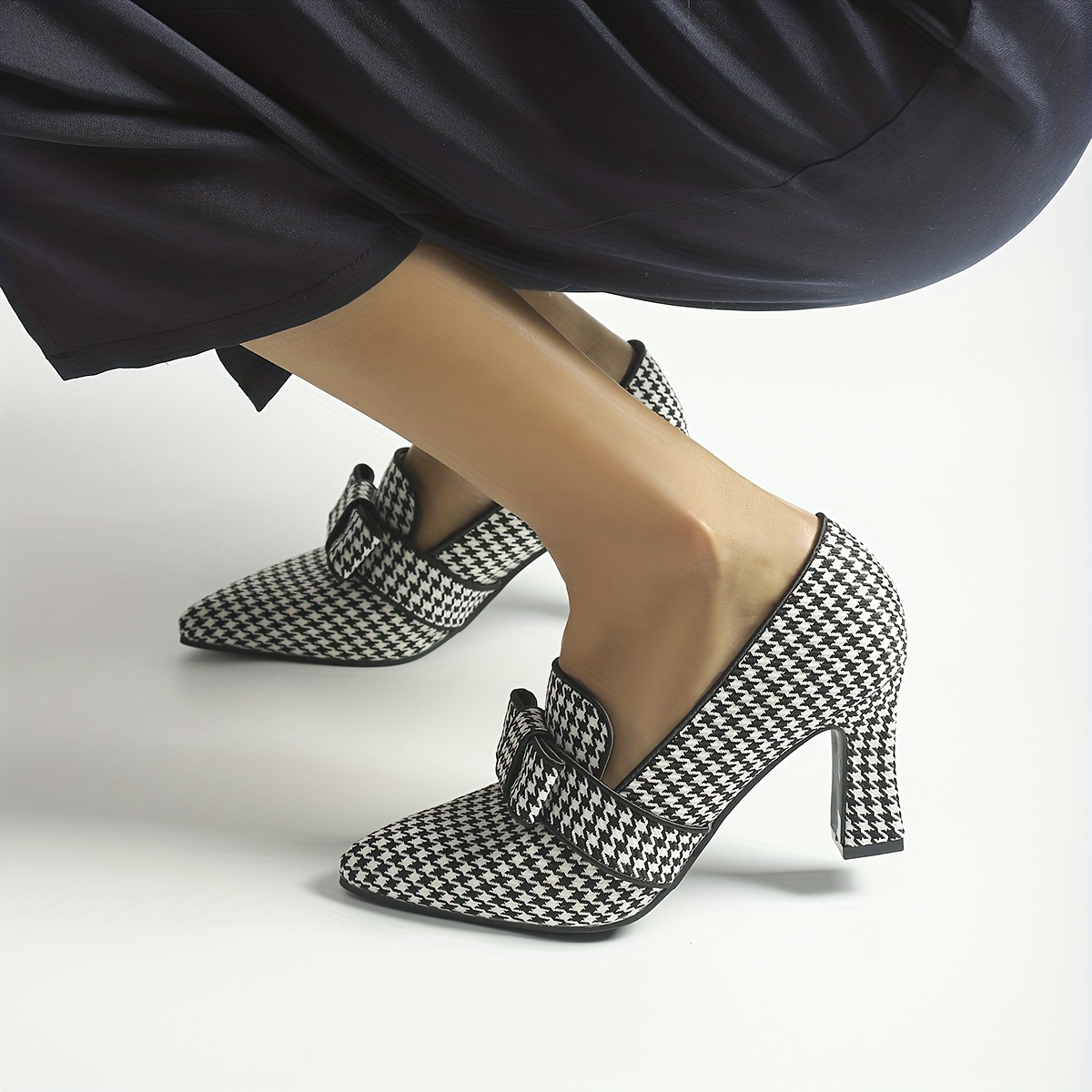 Women's Houndstooth Pumps Bowknot Slip On Chunky Heels