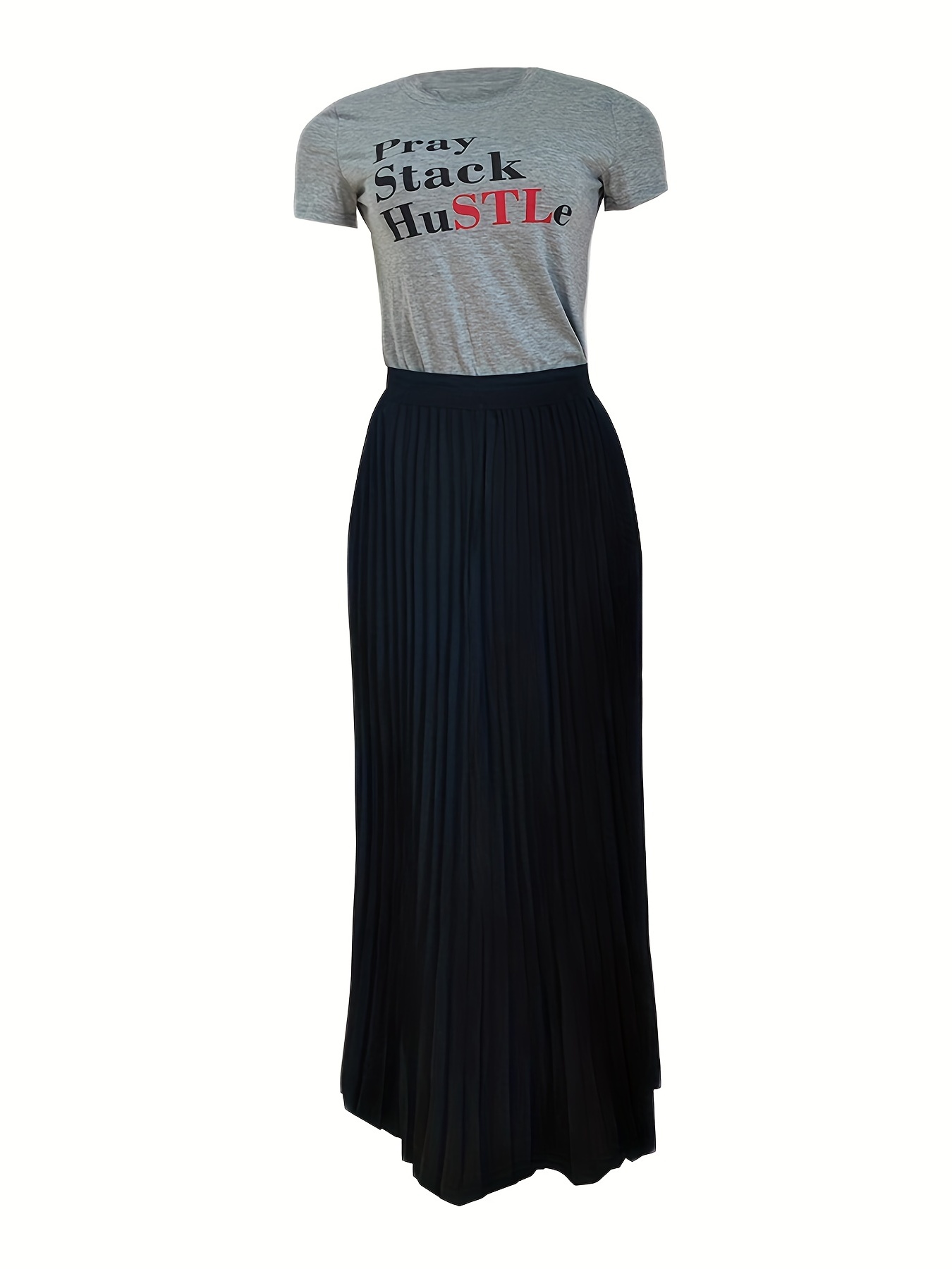 Letter Print Top & Pleated Maxi Skirt Set Women's Outfit