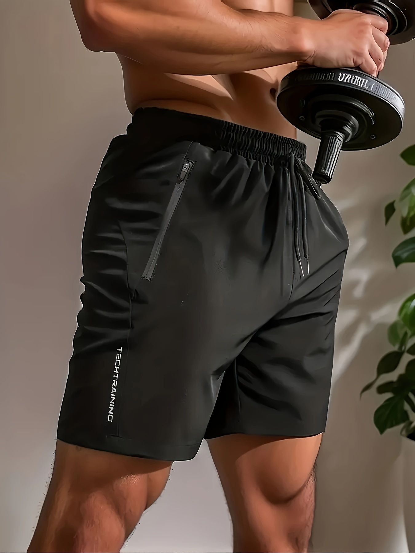 Men's Casual Black Drawstring Shorts with Zipper Pockets - Lightweight Polyester, Letter Print, Ideal for Summer Workouts & Beach Activities