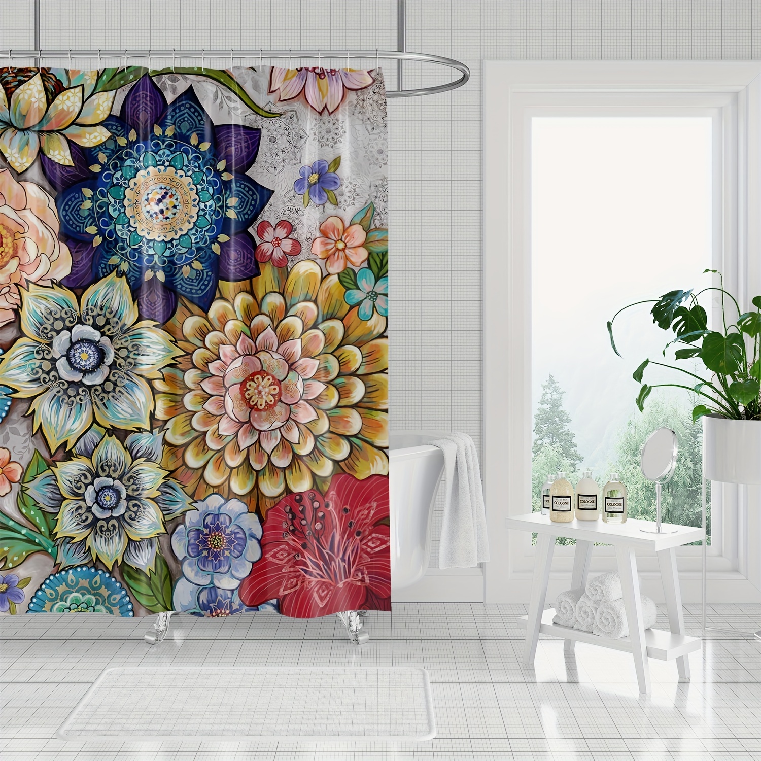 Tenda da doccia a fiori colorati 1pc, tenda da bagno resistente  impermeabile con stampa floreale per bagno, accessori per il bagno,  forniture per il
