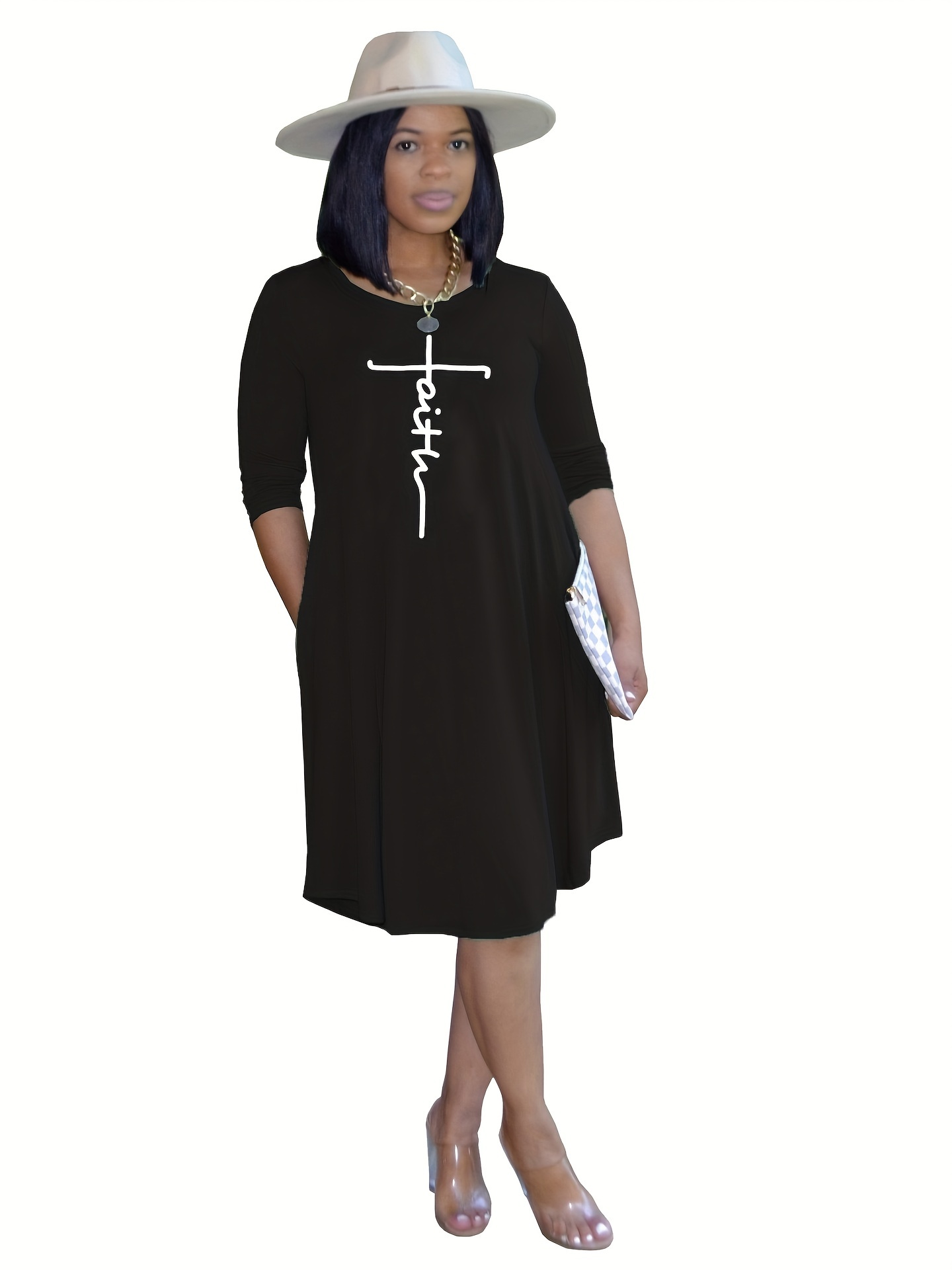 faith graphic print crew neck dress casual long sleeve midi - Temu