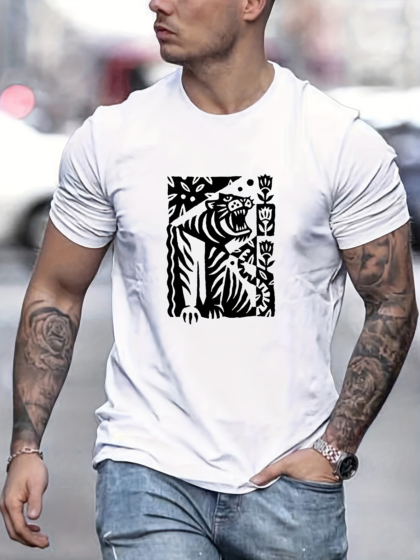 Plus Size Men's Creative Jewel Tiger Graphic T-shirt For Summer, Stretchy  Comfy Fabric Clothing - Temu South Korea