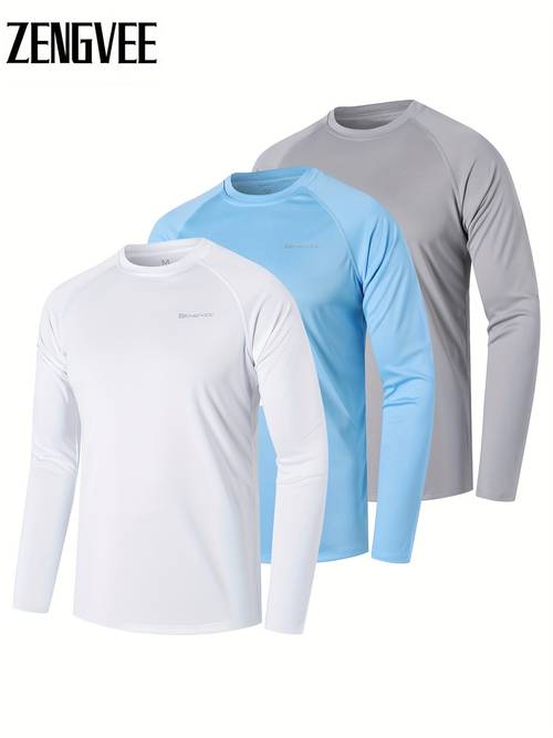 3 Pcs, Men's UPF 50+ Sun Protection T-shirts, Long Sleeve Comfy Quick Dry Tops For Men's Outdoor Fishing Activities