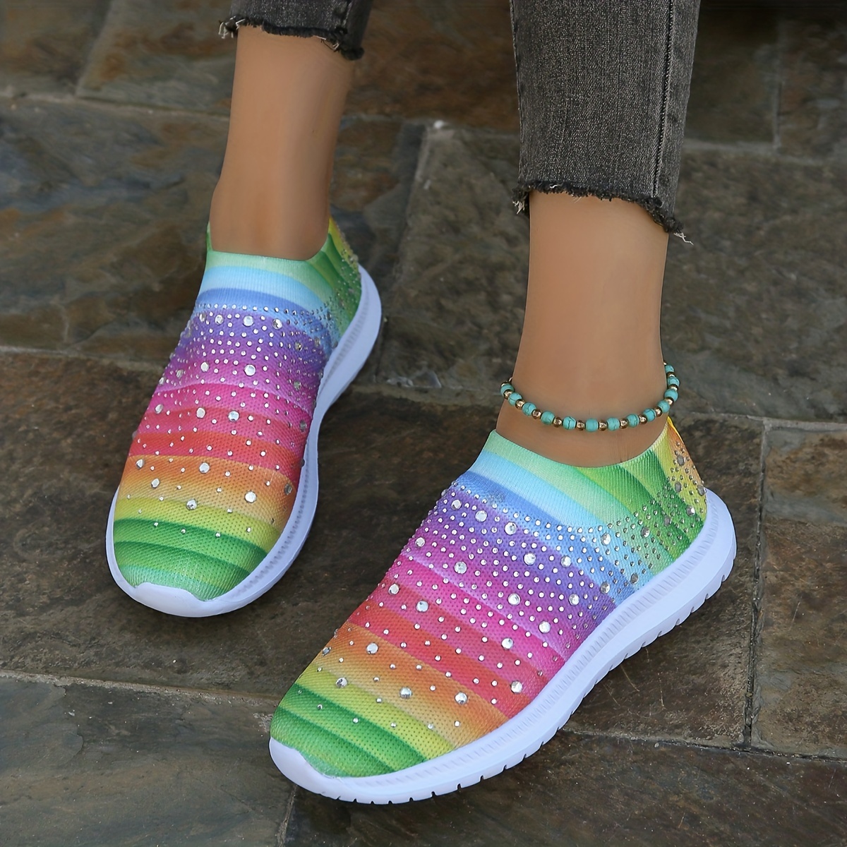 Women's Rhinestone Sock Sneakers Comfy Solid Slip Running - Temu