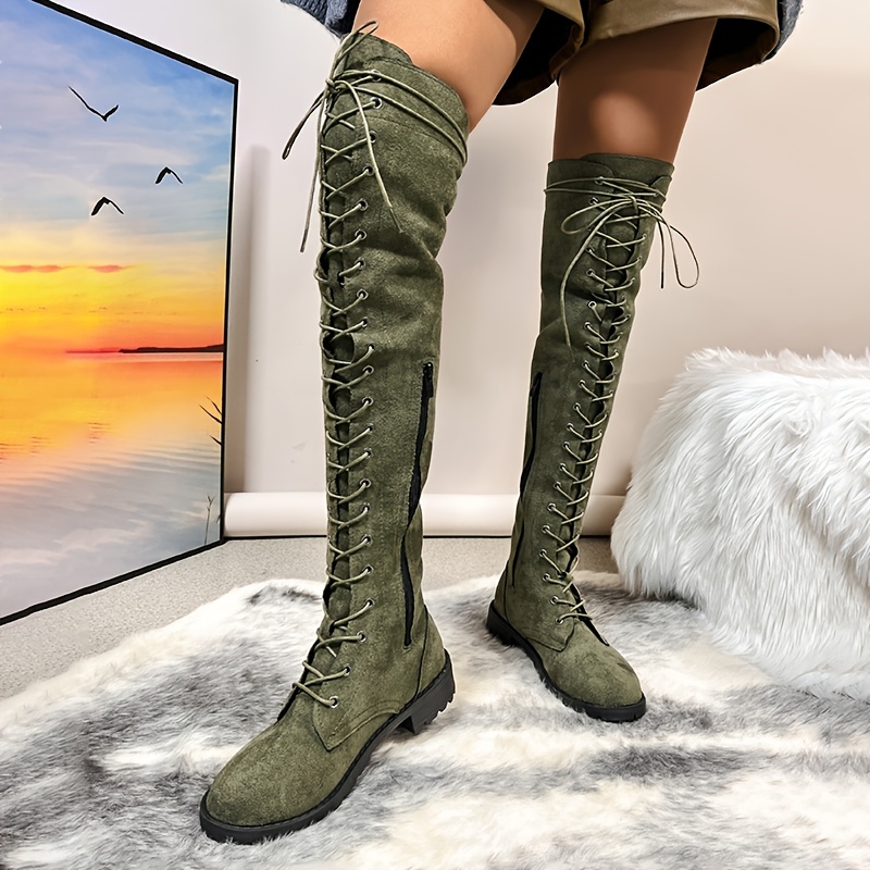 Women's Knee Boots Solid Color Lace Side Zipper Shoes Round - Temu
