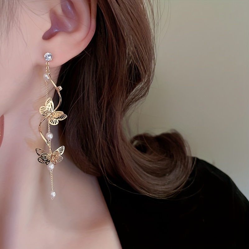 Butterfly Faux Pearl Stud Earrings with Long Tassel
