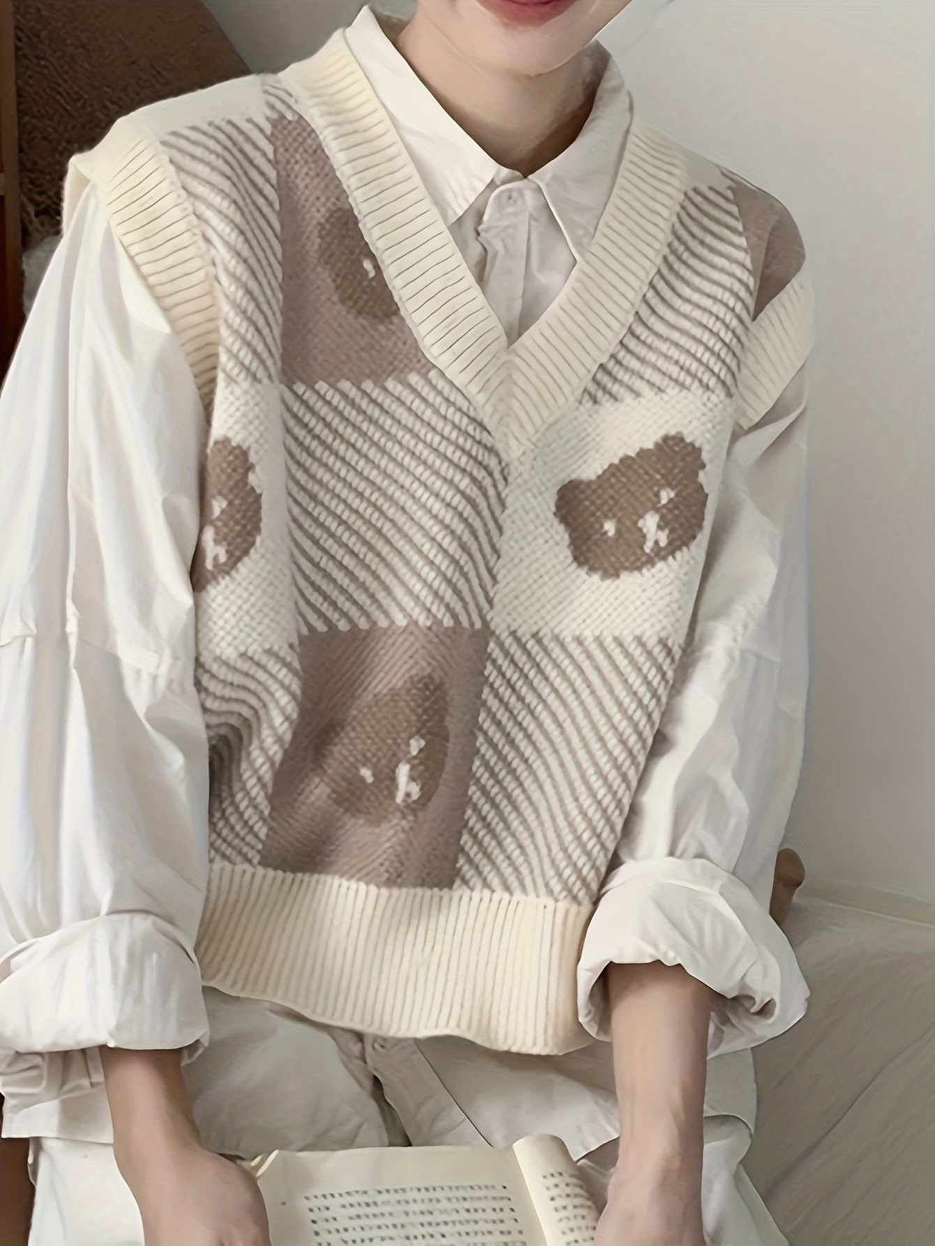 Bear Embroidered Argyle Sweater Vest