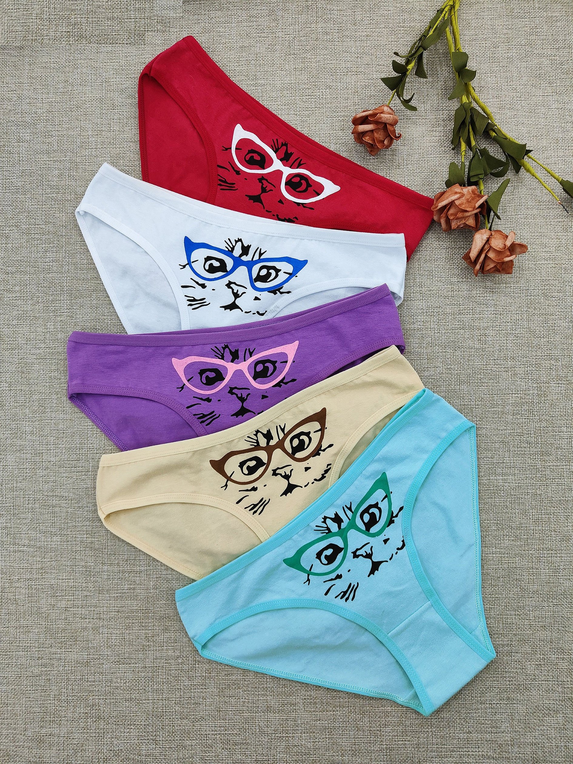 6pcs Cat Pattern Hispter Panties, Comfy Letter Tape Intimates Panties,  Women'a Lingerie & Underwear
